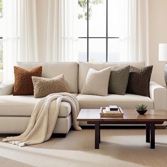 Faux Fur Throw Pillow Covers 24x24 Inch Set of 2 Boucle Neutral Decorative
