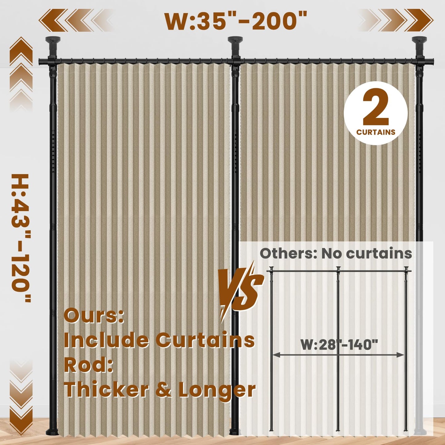 100% Blackout Room Divider Curtains Sets Beige 2 Panels W100 x L84in No Drill Curtain Rods(H) 43-120×(W) 35-200 in for Studio Apartment Dorm Office
