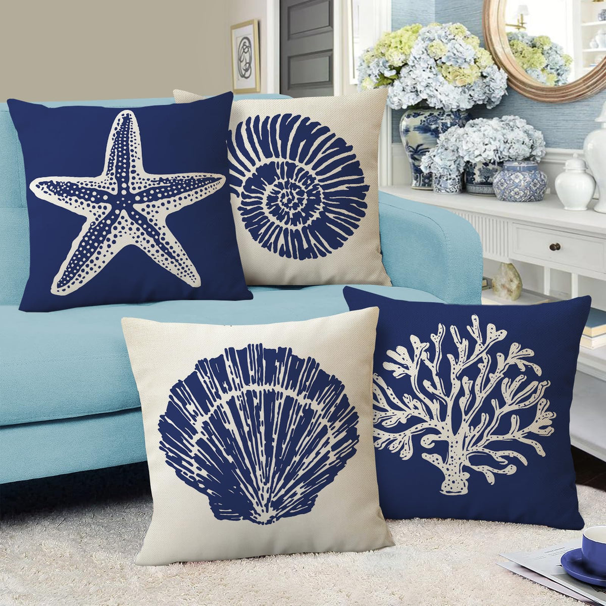 Fahrendom Beach Dark Blue Decorative Throw Pillow Covers 18 x 18 Set of 4, Coastal Sea Conch Starfish Coral Porch Patio Outdoor Pillowcase, Nautical Ocean Spring Summer Sofa Cushion Case Home Decor