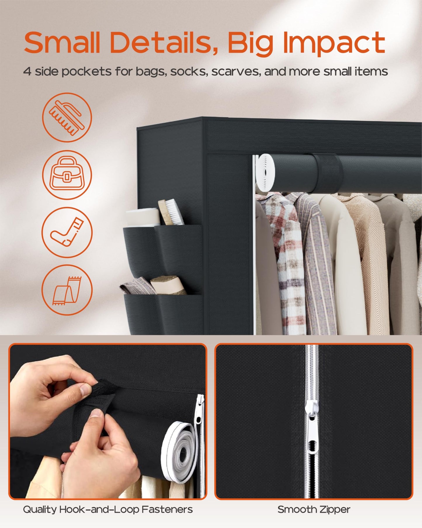 CASAMAYA Clothes Rack, Portable Closet, 54.7 Inch Large Capacity Wardrobe Closet with Cover, Clothes Storage Organizer with Shelves and 3 Hanging Rods, Easy to Assembly, Black PCT122B01