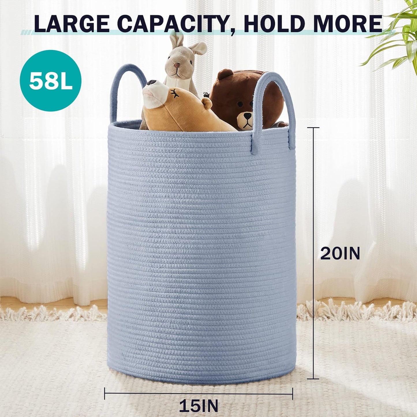 YOUDENOVA Laundry Hamper Basket, Woven 58L Tall Laundry Basket for Blanket Organizer- Nursery Hamper for Bedroom And Bathroom Storage