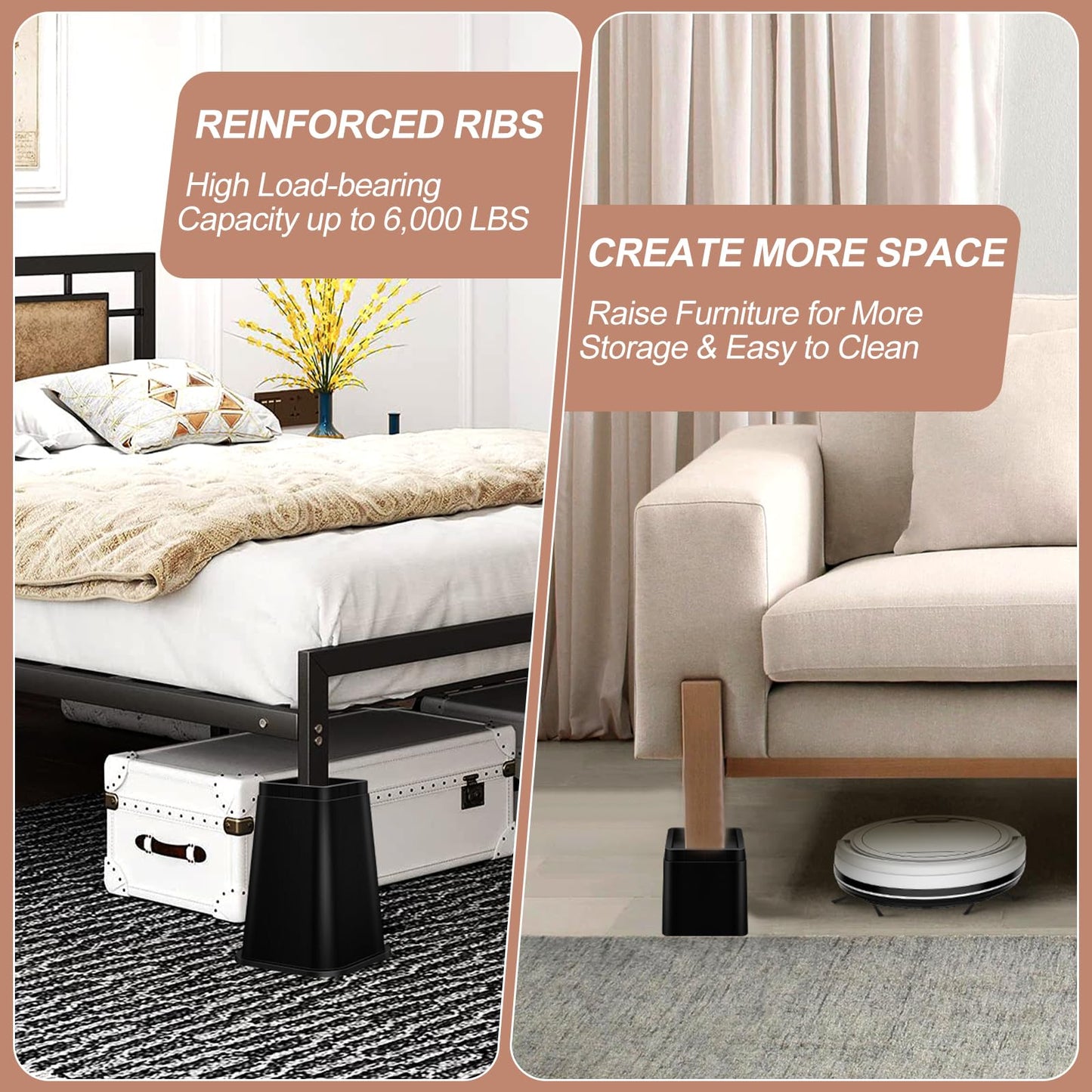 shouwuhho Bed Risers 12 Inch Heavy Duty, Furniture Risers Lifts 12" 8" 4" for Table, Desk Leg, Sofa, Couch, Adjustable Bed Frame Risers Supports Up to 6,000 Lbs, Black