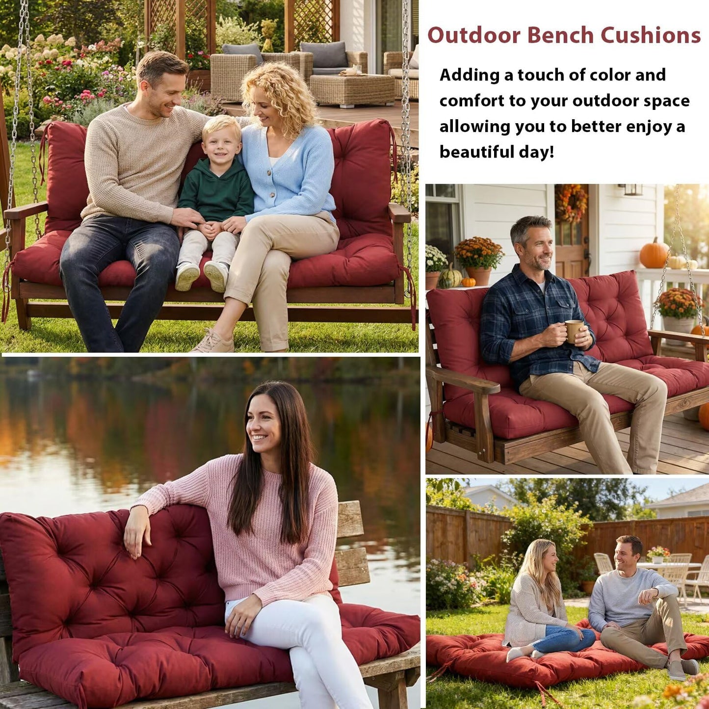 Porch Swing Cushions 2-3 Seater Replacement Thicken 5" Waterproof Swing Cushions for Outdoor Furniture Bench Patio Swing Cushion with Backrest & Ties(Wine Red 60x40x5inch)