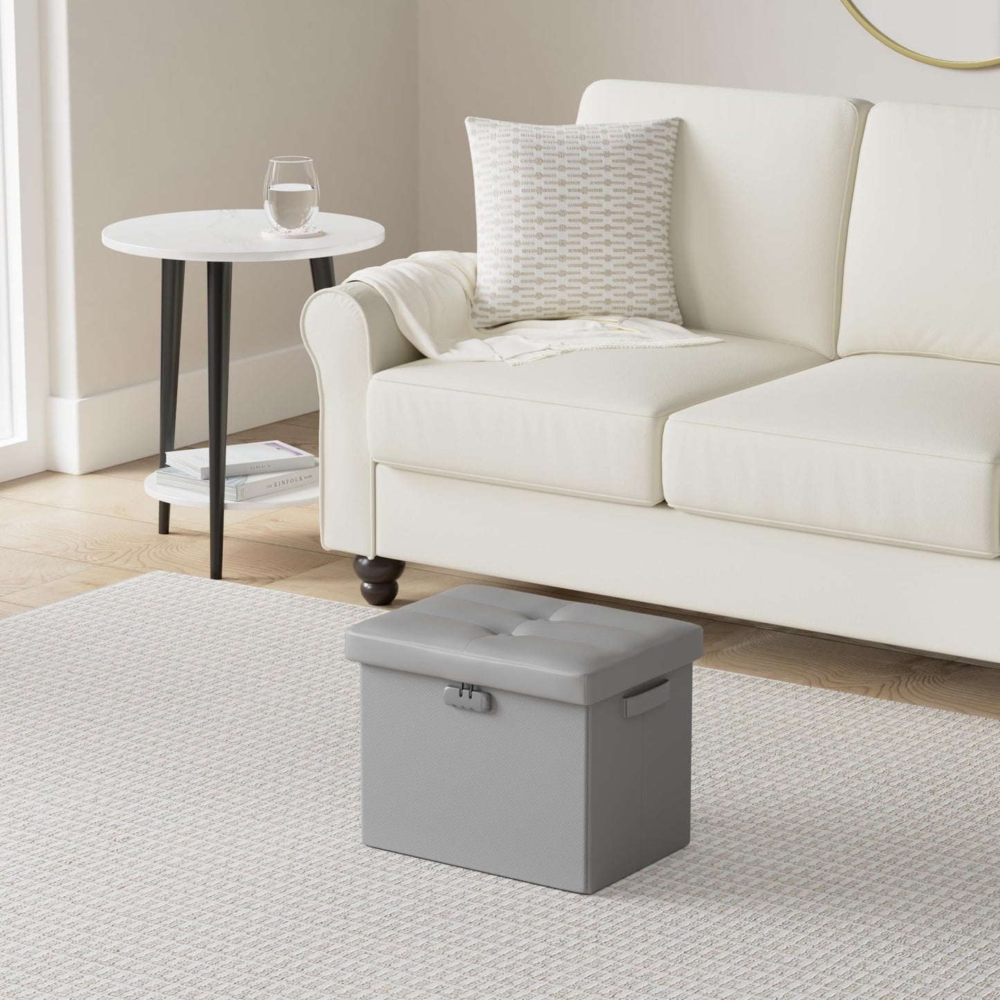DocSafe Storage Ottoman with Lock,Fireproof Folding Ottoman Foot Rest Stool Storage Chest with Storage Safe for Important Documents,Waterproof 17 Inches Short Ottoman Foot Stool with Handles,Grey