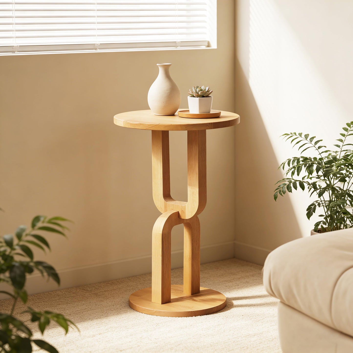 COVLON Solid Wood Small Round Side Table, Modern Accent End Table, Bedside Nightstand with U-Shaped Base for Living Room, Bedroom, Apartment and Small Spaces