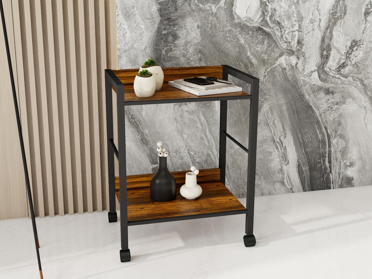 Aopark 2-Tier Rolling Utility Cart Night Stand Organizer with Brown Wood Shelves and Black Metal Frame, End Side Table Storage Trolley on Wheels for Kitchen Office, Bathroom, Living Room