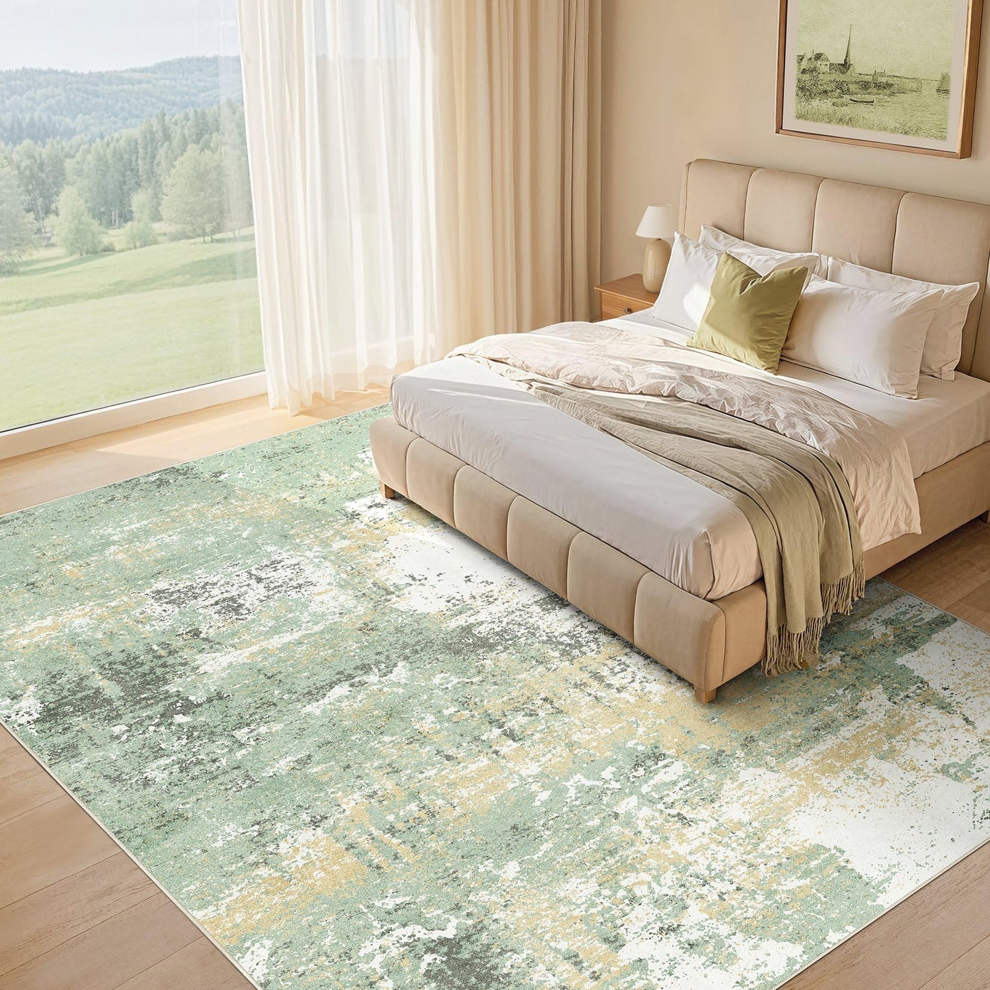 Micgeek Area Rug Living Room - 8X10 Abstract Washable Large Soft Foldable Non Slip Rug Neutral Modern Low Pile Carpet for Bedroom Nursery Dining Room Farmhouse Home Office Indoor - Green