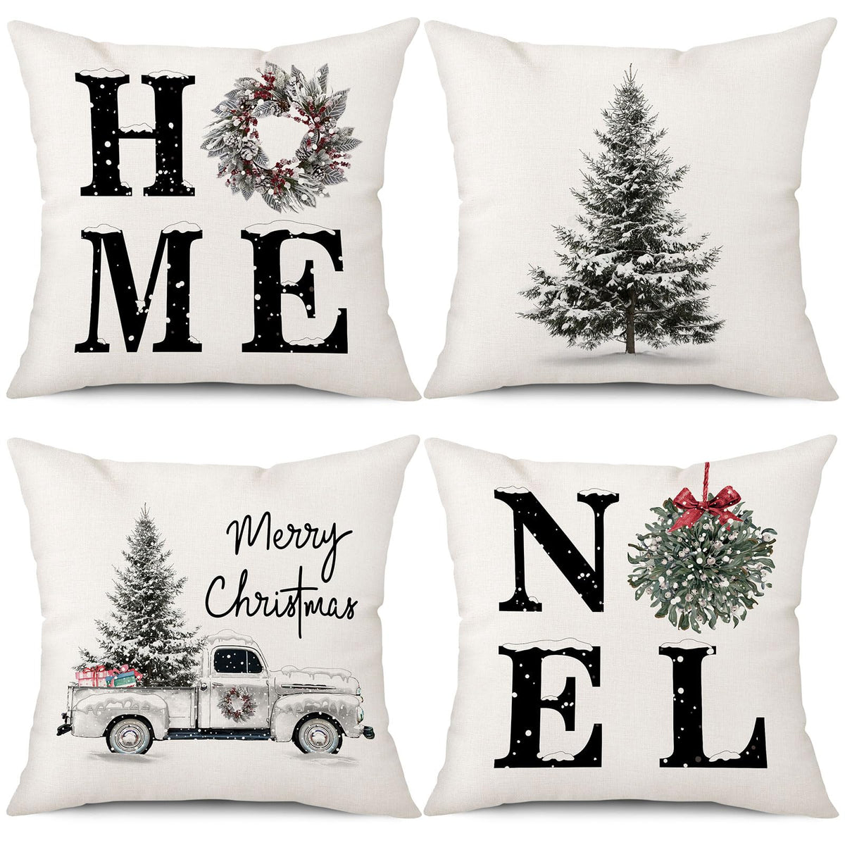 Coeufuedy Christmas Pillow Covers - 18x18 Inch Set of 4 Home Noel Truck Tree Holiday Cushion Covers Farmhouse Christmas Decoration for Sofa Couch Living Room