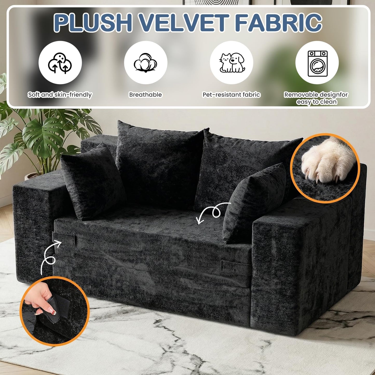 Winzoo Boneless Loveseat Sleeper Sofa Bed, 3-in-1 Convertible Sofa Bed and Floor Futon Couch (Velvet-Black, Loveseat (55"))