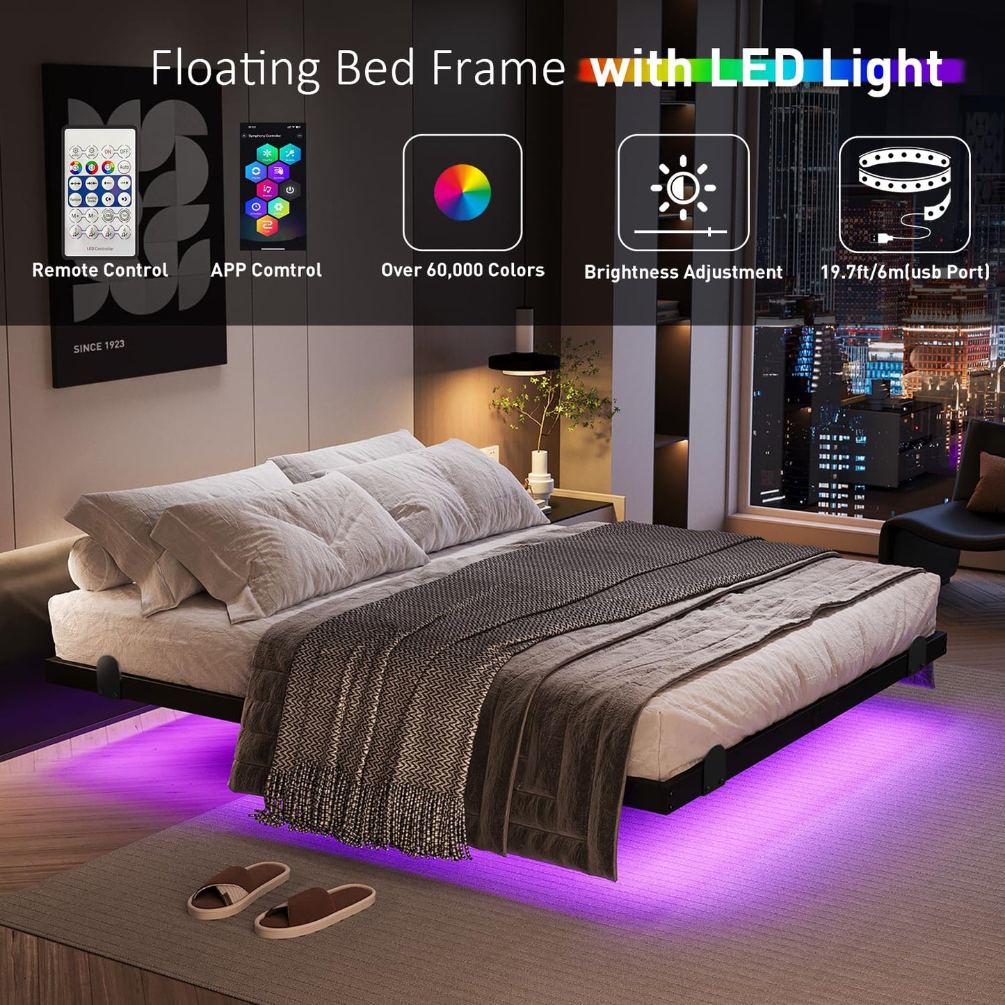 AGXI Floating Bed Frame with LED Lights and Charging Station, 10 Inch Floating Bed Frame Full, Metal Platform Full Bed, No Box Spring Needed, Easy to Assemble