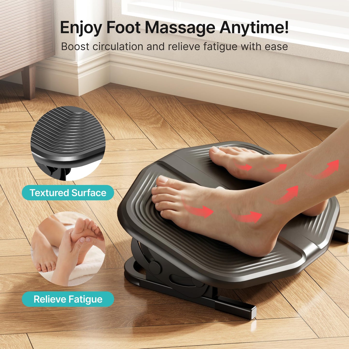 PEGZONE Footrest for Under Desk, Adjustable Footrest with Massage Texture and Non-Slip Steel Base, Ergonomic Under Desk Foot Stool for Home and Office, Black