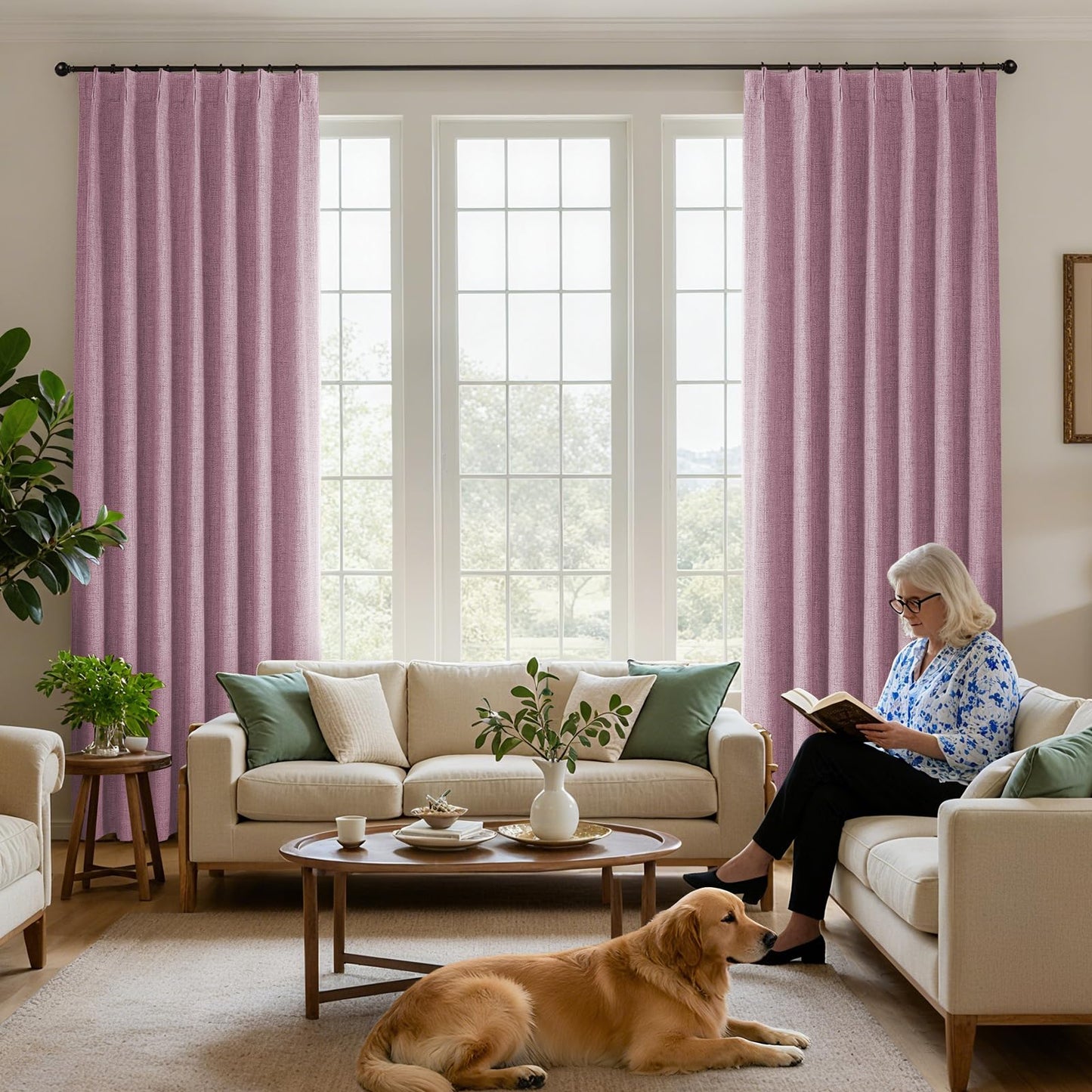 Joydeco Pinch Pleated Curtains - 100% Blackout for Bedroom, Pink Linen Curtains 40" W x 90" L, Thermal Insulated 2 Panels Light Blocking Drapes, Back Tabs for Living Room