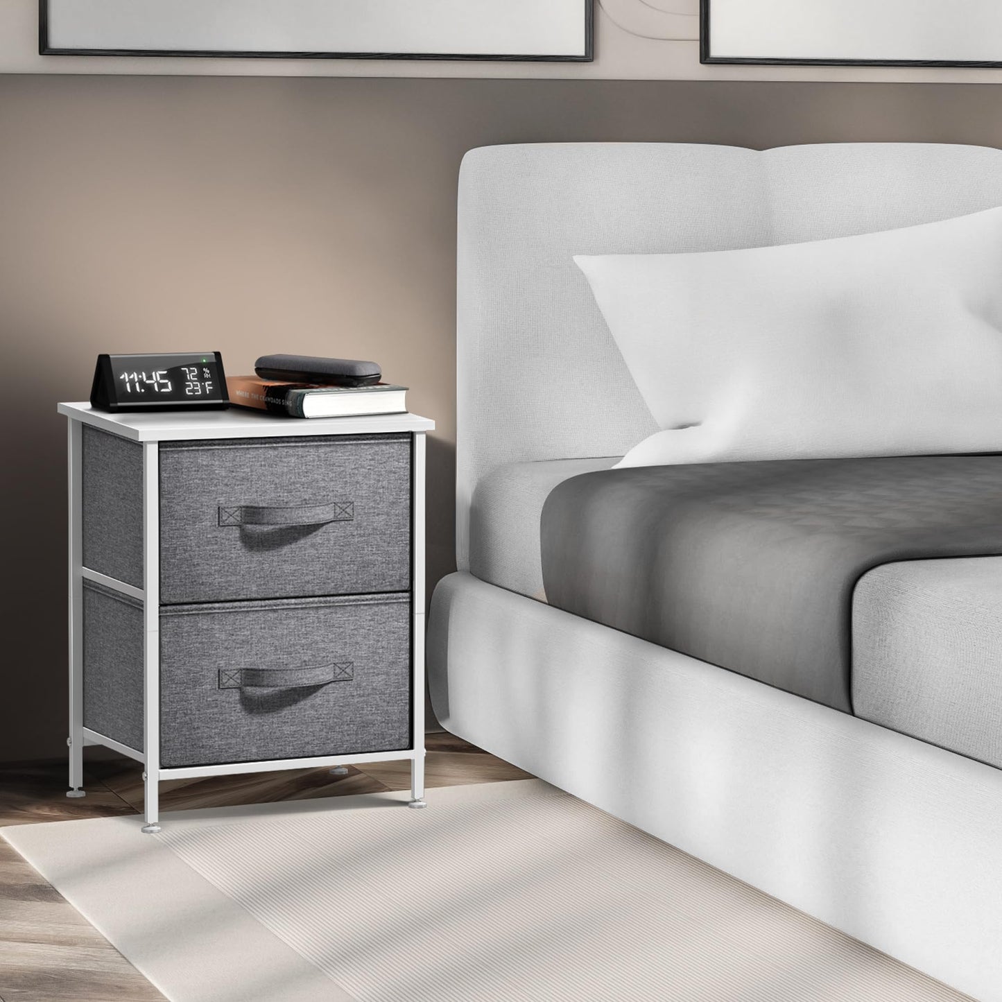 Sorbus Nightstand with 2 Drawers - Bedside Furniture End Table Night Stand with Steel Frame, Wood Top & Easy Pull Fabric Bins - Small Dresser & Chest for Home, Bedroom Accessories & Office