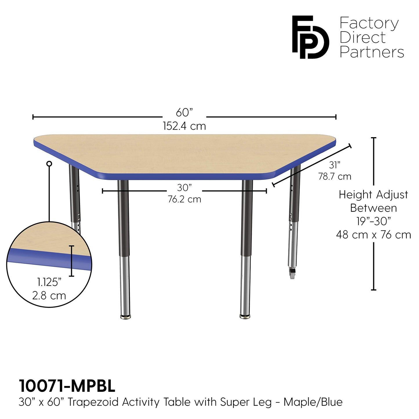 FDP Mobile Trapezoid Activity School and Office Table (30 x 60 inch), Super Legs with Glides and Casters for Collaborative Environments, Adjustable Height 19-30 inches - Maple Top and Blue Edge