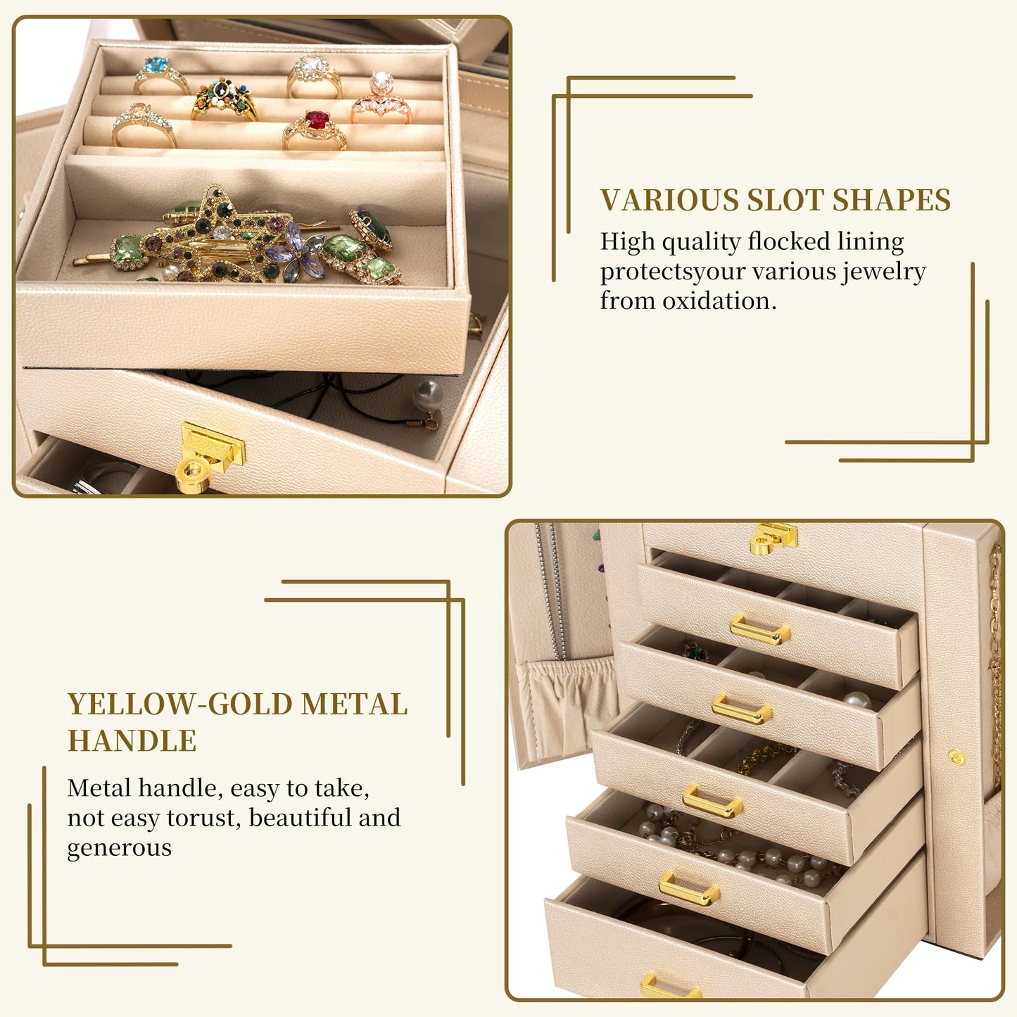 AKOZLIN 6-Tier Jewelry Box Organizer Functional 5 Drawers Leather Jewelry Storage Case for Women Girls Ring Necklace Earring Bracelet Holder Organizer with Mirror Champagne Regular