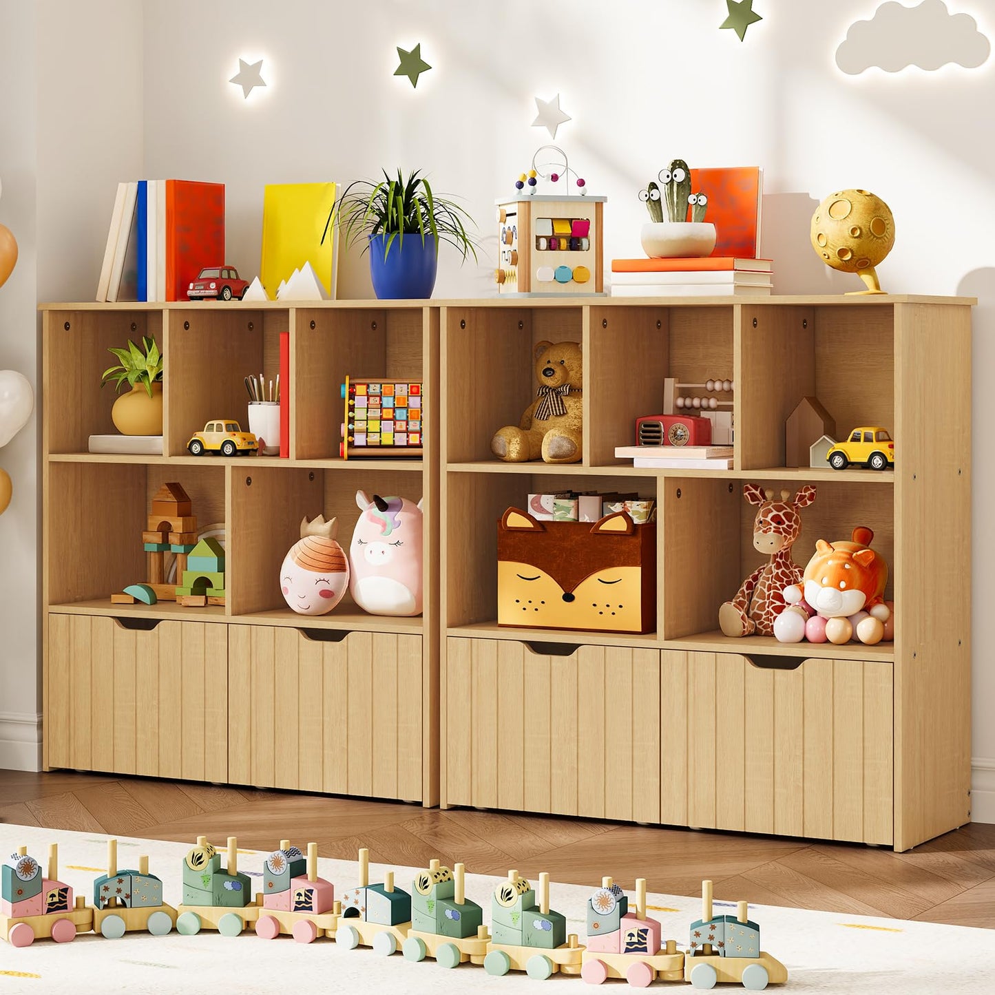 HOOBRO Toy Storage Organizer, Toy Organizers and Storage with 2 Movable Drawers and 5 Cubbies, Kids Bookshelf and Toy Storage for Books or Dolls, Toy Shelf for Playroom, Natural NL88CW01