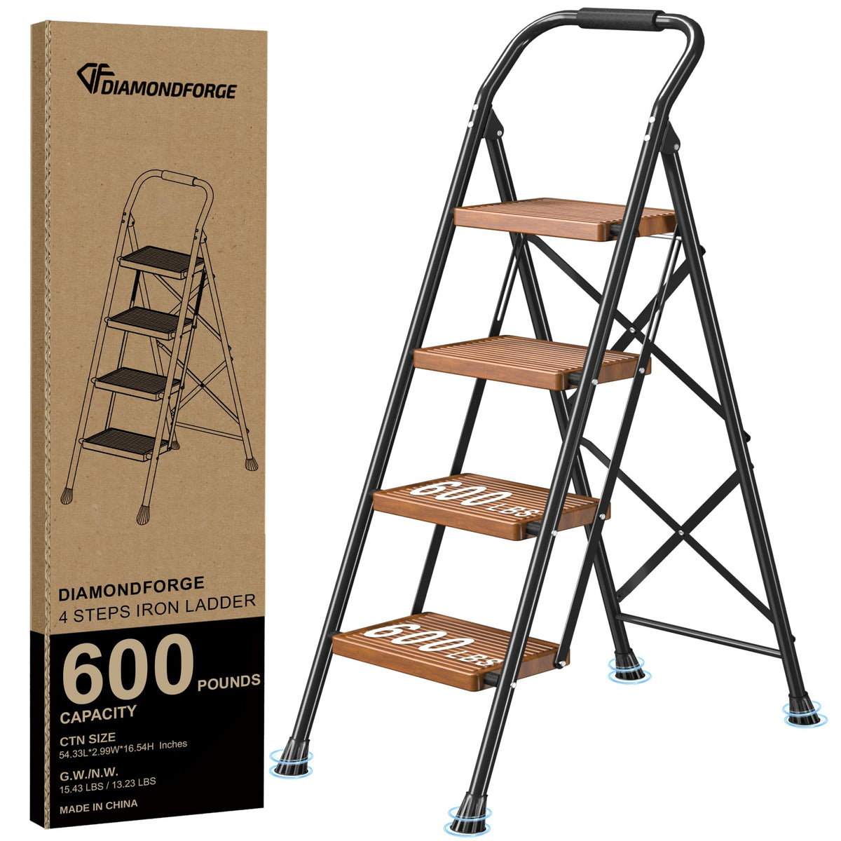 Step Ladder Foldable Folding Stool - for Home Adults Kitchen 4 Stepping Extension Tall Heavy Duty with Handrails - Closet Stepstool Stair Ladders Extendable Stepladder for Indoor House 600Lbs