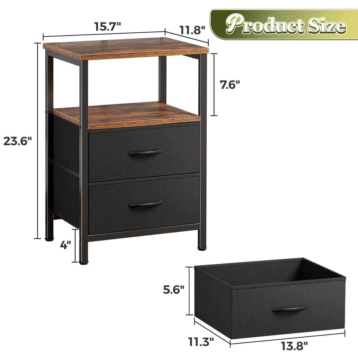 Huuger Night Stand Set of 2, Nightstand with 2 Drawers, Bed Side Table with Open Shelf, Wooden Top, End Table, Fabric Drawer, for Bedroom, Rustic Brown and Black