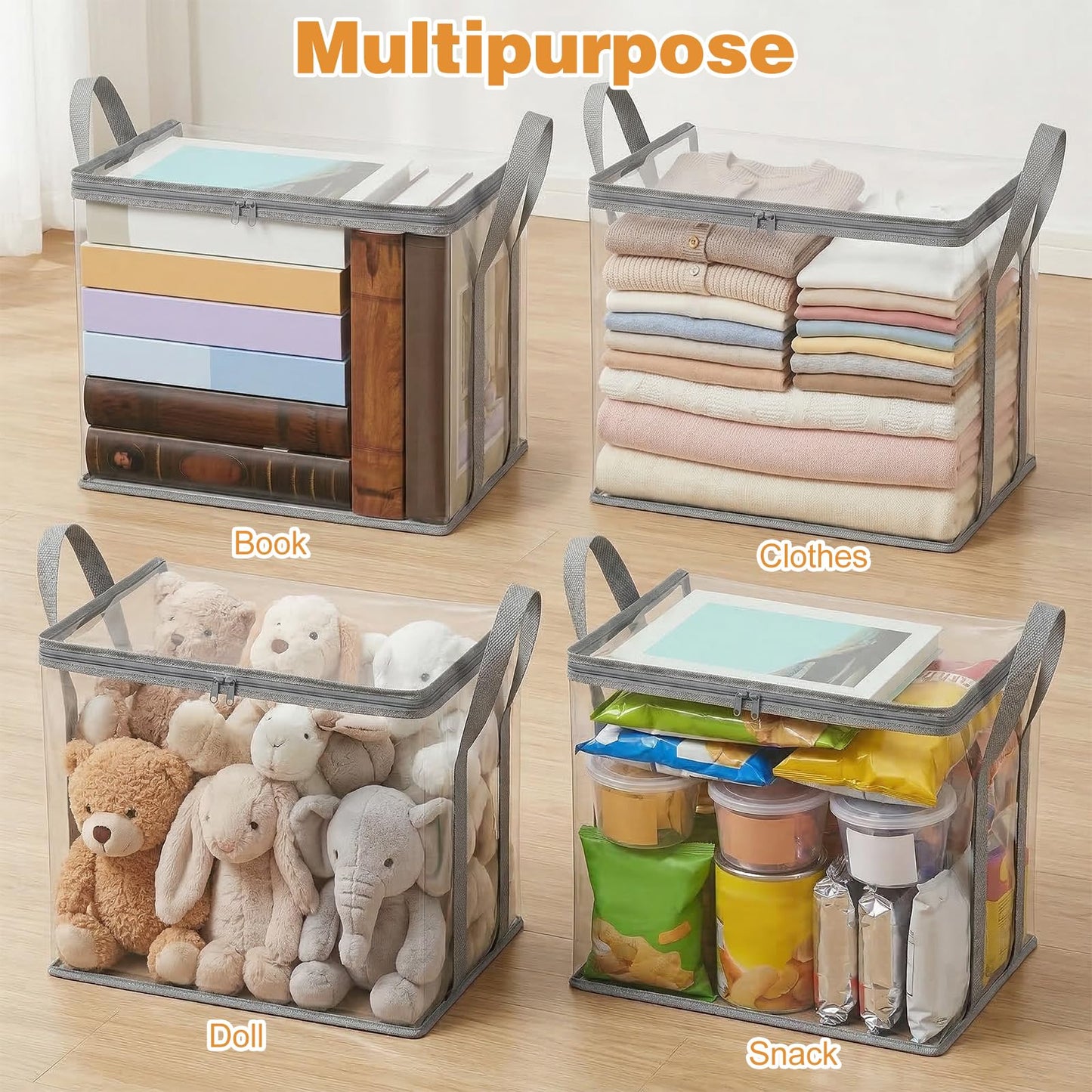 4 Pcs Clear Book Storage Bag, 15'' x 12.6'' x 9.4'' Plastic Comic Books Organizer Foldable Book Display Case with Lid and Lifting Handle for Books DVD Clothing