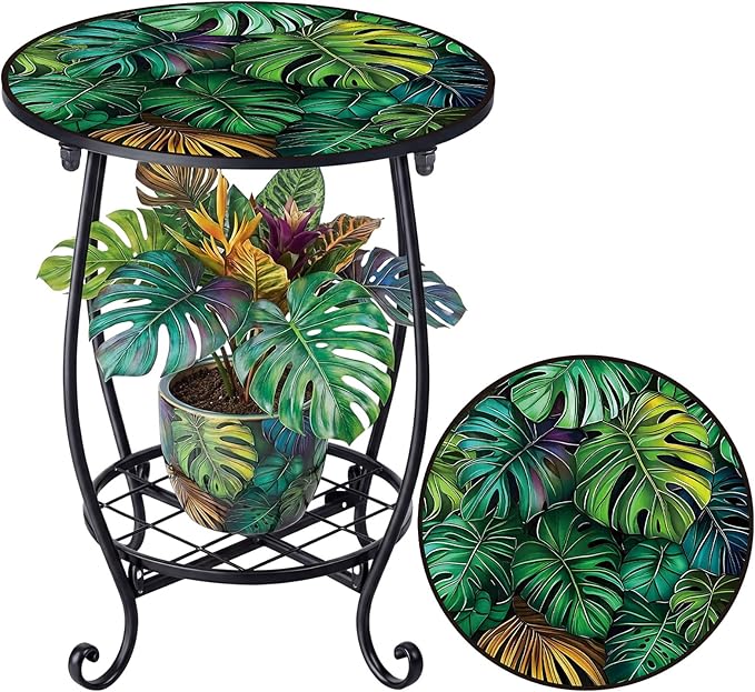Cinnvoice Outdoor Side Table Round Small Mosaic Patio Accent Indoor End Plant