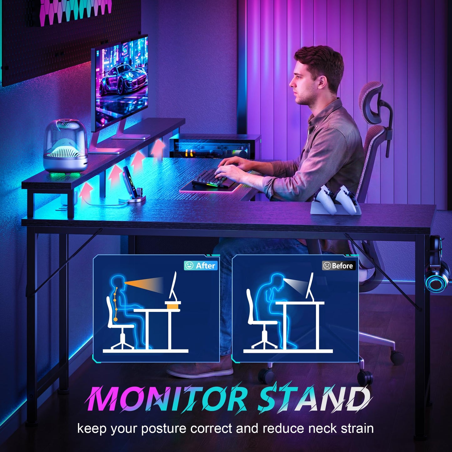 Korfile 66'' L Shaped Gaming Desk with Drawers and Storage Shelves, Reversible Corner Desk with Power Outlets and Host Stand, Large Computer Desk with Led Lights for Gaming, Work, Home Office, Black