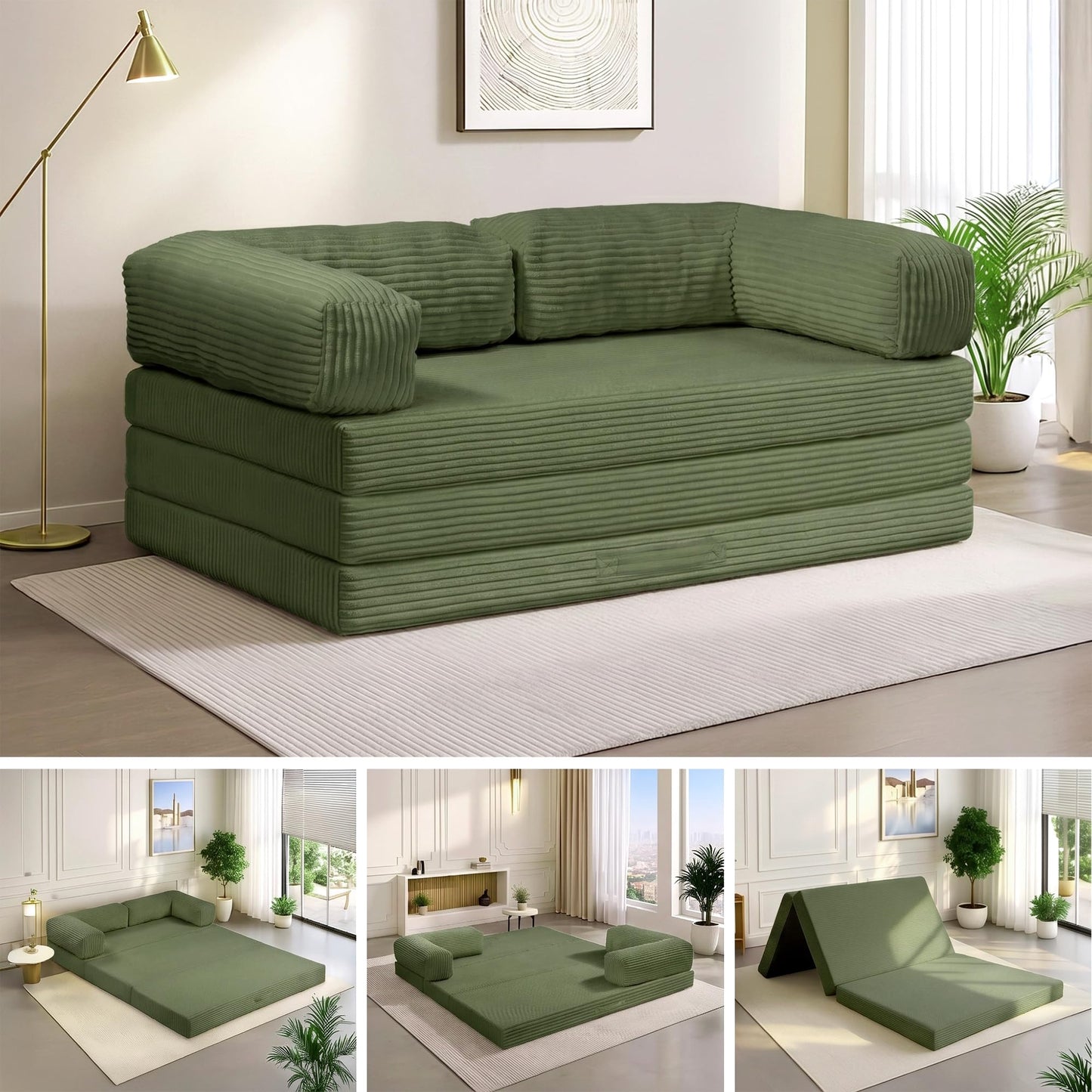 Convertible Sofa Bed,60" Boneless Couch,Tri Folding Floor Mattress with Removable L-Shaped Armrests & Handle,Corduroy Futon Couch Sleeper with Pull Out Bed for Living Room Bedroom Apartment