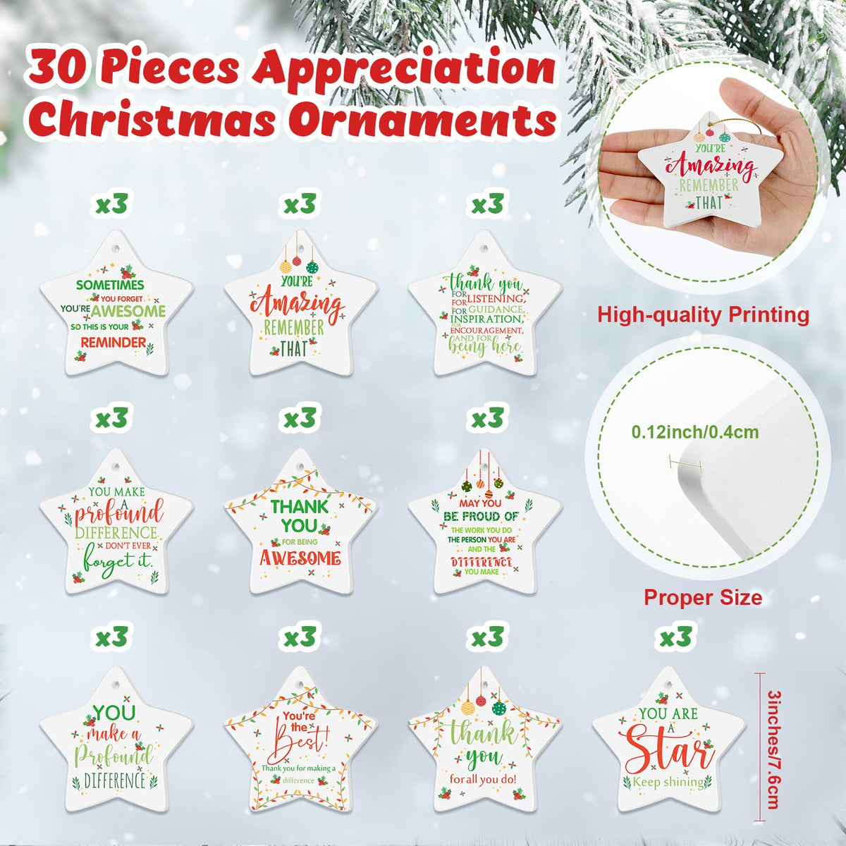 Tioncy 30 Pcs Christmas Thank You Ornament Gifts for Coworkers Employee Appreciation Gifts Thank You for Being Awesome Star Hanging Plaque for Teacher Friend Office Xmas Tree Decoration (Ceramic)