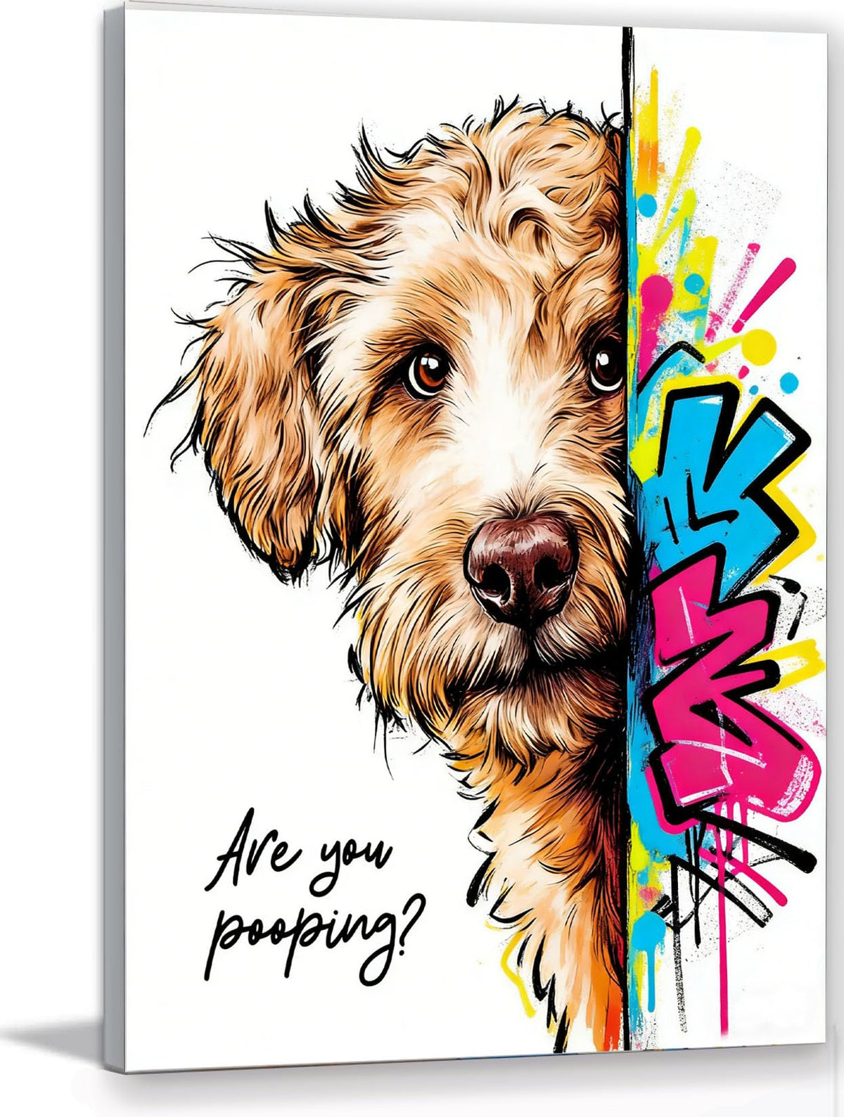 16x24“ Funny Goldendoodle Dog Bathroom Wall Art Painting, "Are You Pooping?" Graffiti Pet Canvas Print, Humorous Restroom Poster Decor for Washroom Bathroom Toilet, Modern Pop Art Dog Lover Gift (Framed)