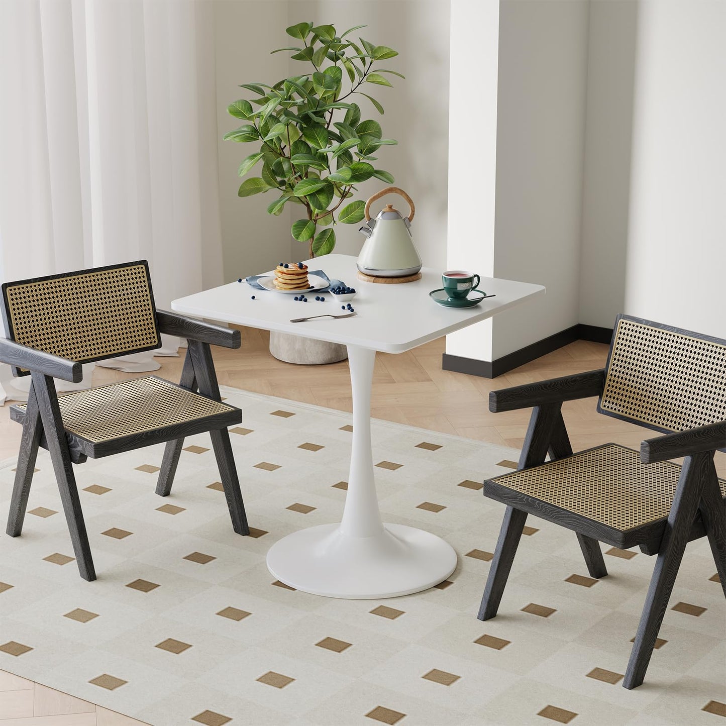 White Square Tulip Table for 2 Person, 24 Inch Small Dining Table with Pedestal Base for Two, Mid Century Modern Tulip Tables for Kitchen, Living Room, Cafe, Coffee, Office, Bistro, Pub, Bar, Wood Top