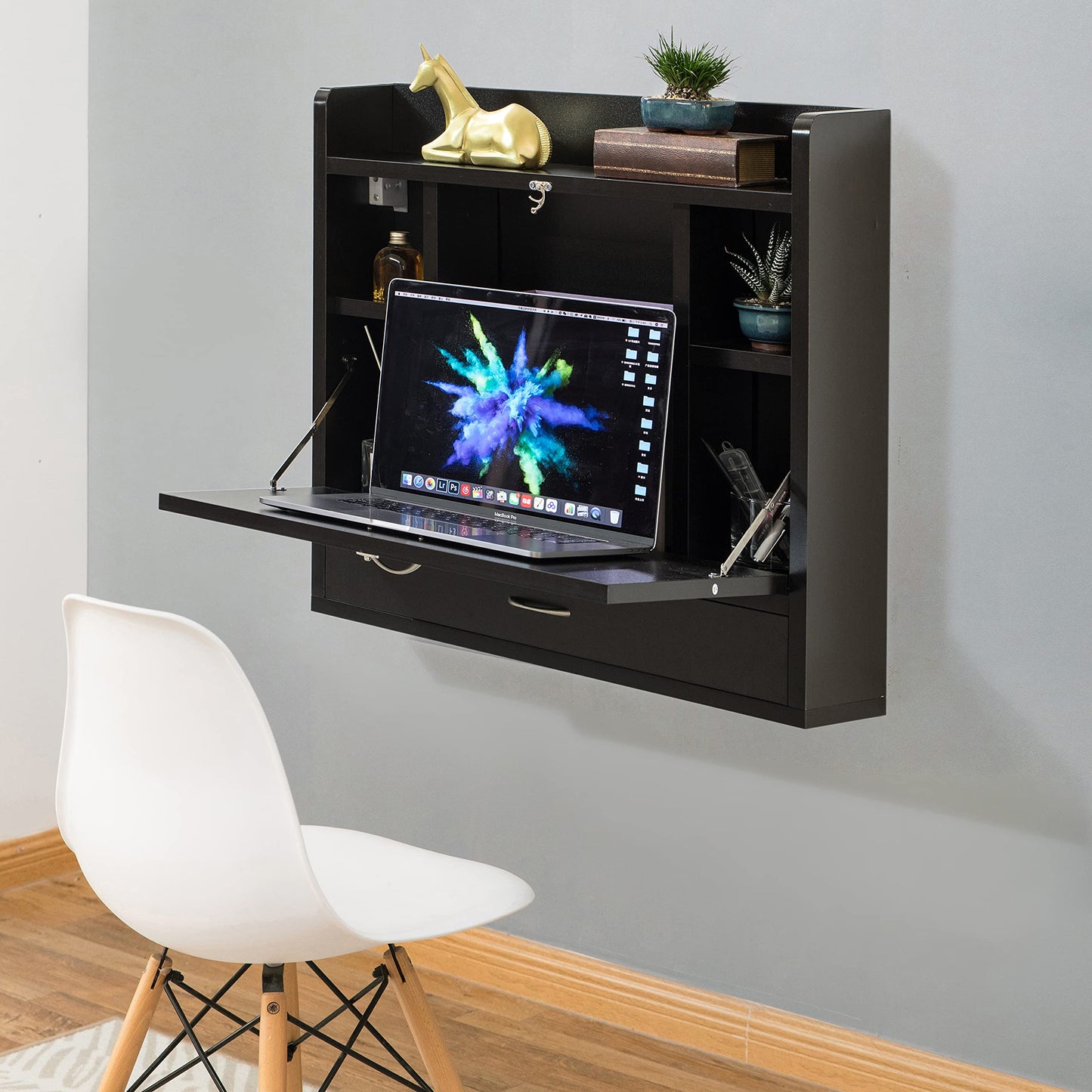 Basicwise Wall Mounted Folding Desk - Space Saving Fold Down Desk with Storage Shelves and Drawer, Convertible Floating Laptop Table for Small Spaces, Home Office, 23.75 x 6.75 x 23 in, Black