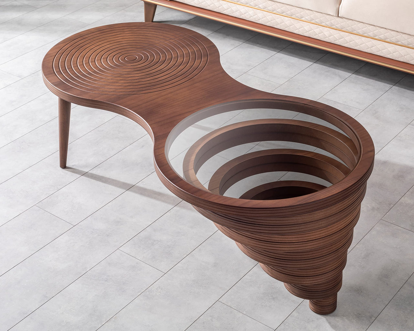 by Papella Design, Natural Walnut Veener Coffee Tables for Living Room, Rustic Table, Mesa De Centro para Sala, Center Table, Glass Table top, Walnut Color, (Relax)
