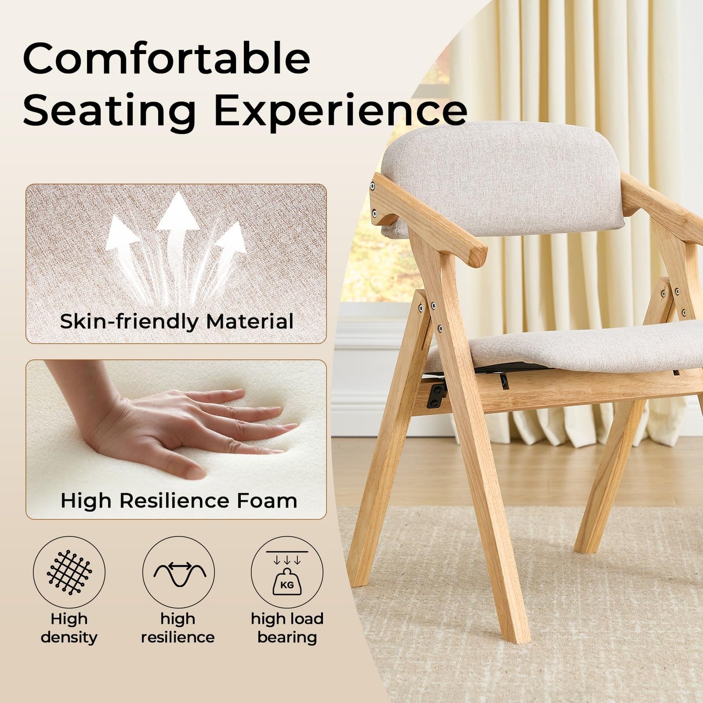 SinFurn Grod Folding Chairs with Padded Seats,Wooden Stackable Dining Chair,Easy to Store Foldable Dining Chairs for Kitchen, Living Room, Wedding Party Picnic (Beige)