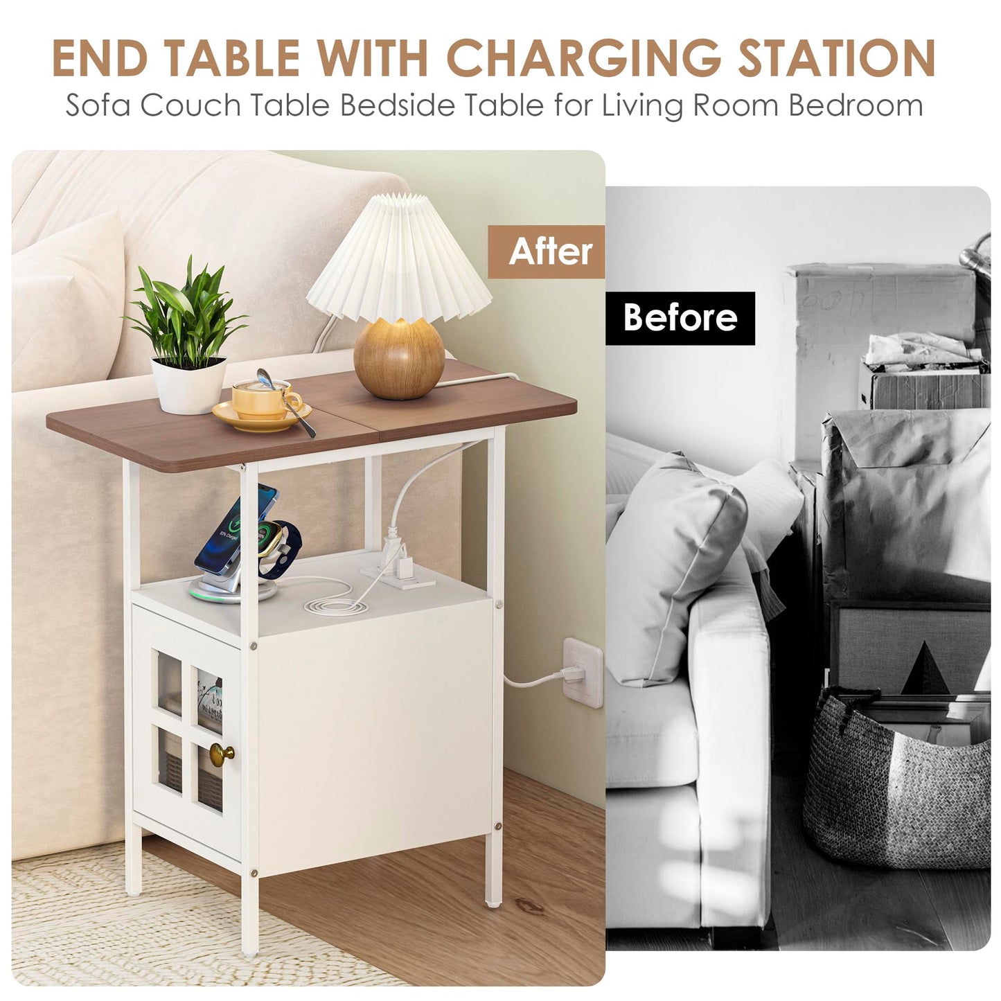 Farmhouse Narrow Side Table with Charging Station - 3-Tier End Table with USB & Outlets Compact Bedside Storage Table for Small Spaces, Multi-Functional Accent Table for Bedroom, Couch Corner Entryway