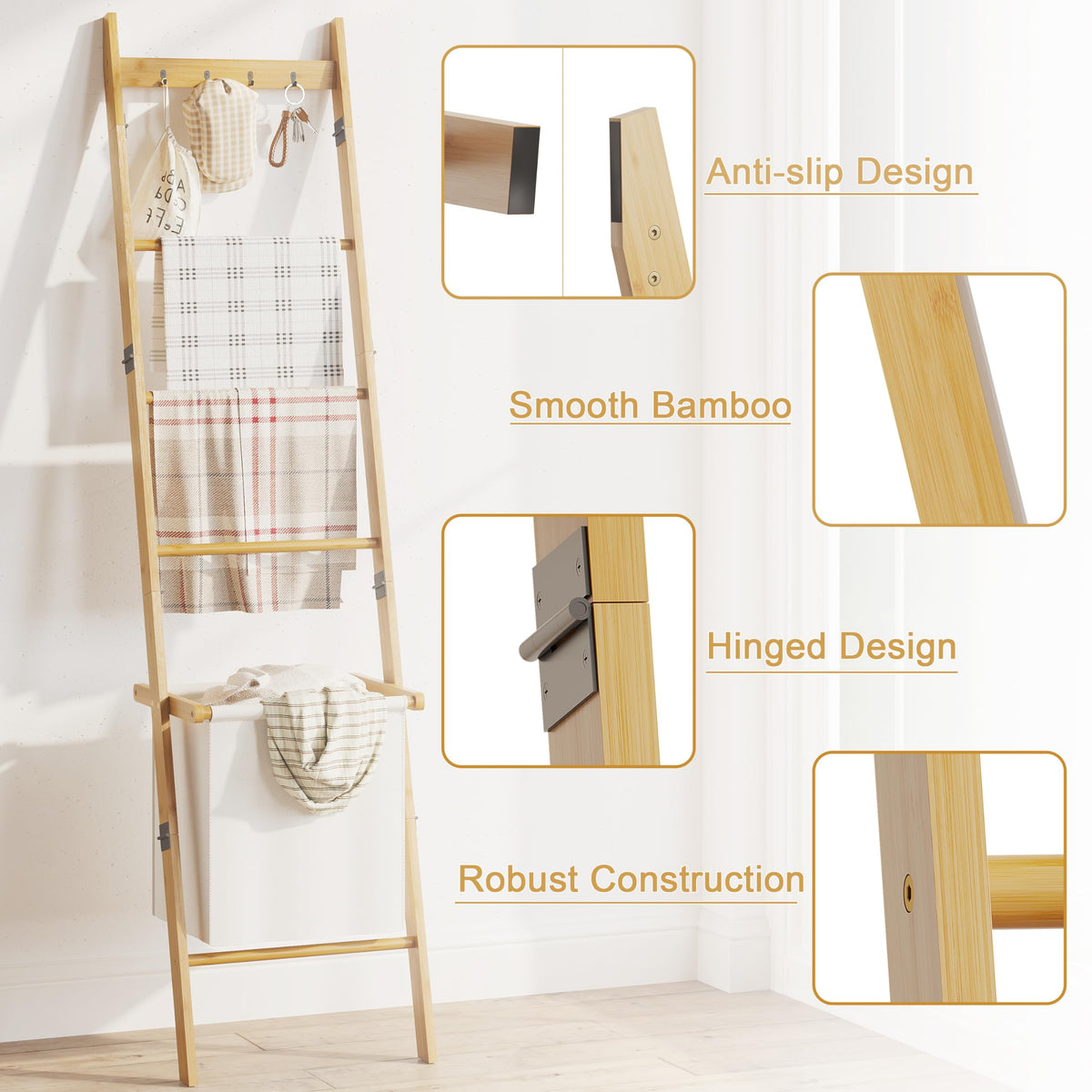 BAMBANG Bamboo Blanket Ladder with Basket, 5-Tier Quilt Rack Stand with 4 Hooks & Storage Hamper for Living Room Bathroom, Wall Leaning Decorative Ladder Shelf for Blankets Display (Natural)