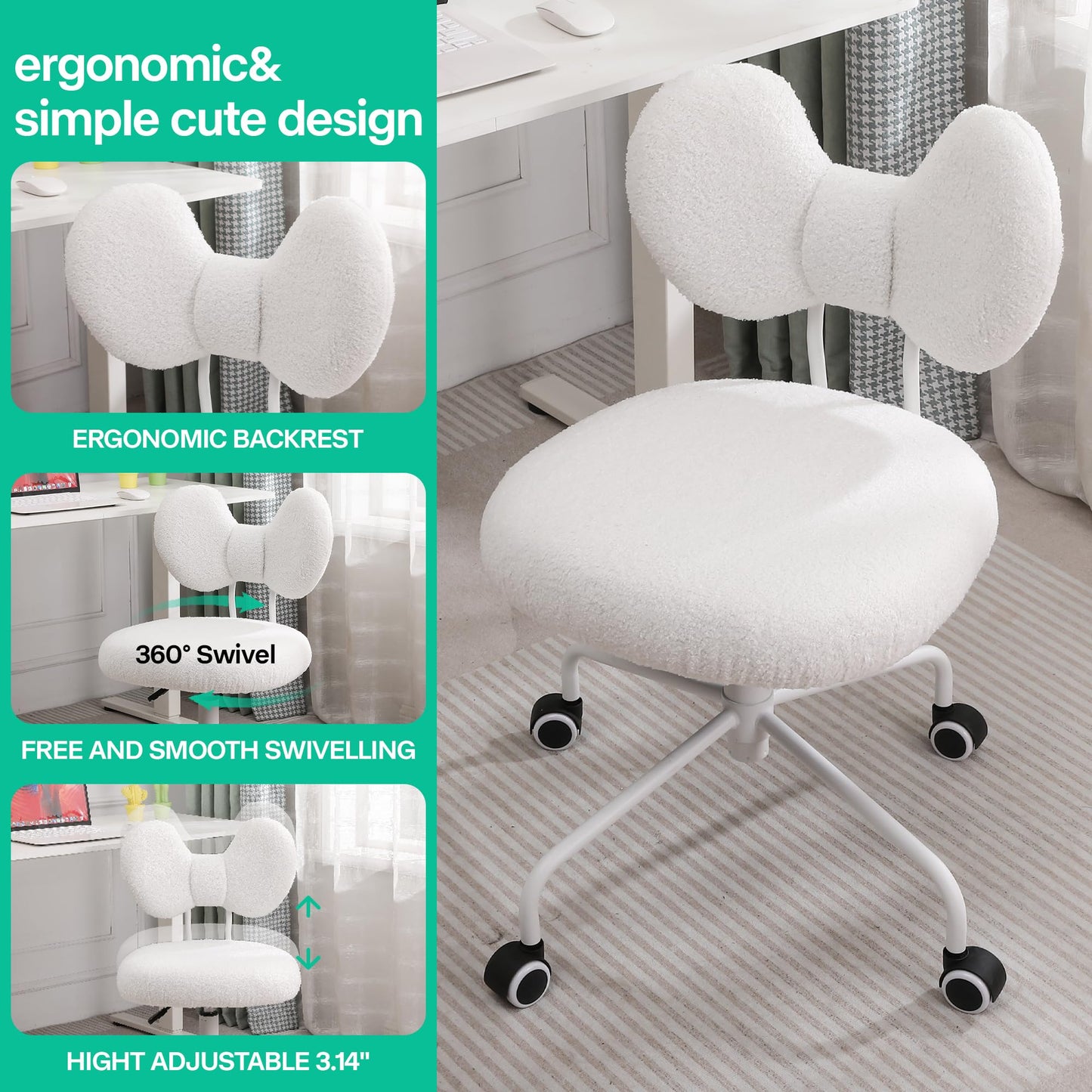 Shiepu Cute Desk Chair with Back,Comfy Small Office Chair with Wheels, Armless Adjustable Rolling Swivel Computer Chair for Home Office,Make-up Room,Bedroom,Vanity Chair for Girls,Teddy Velve,White