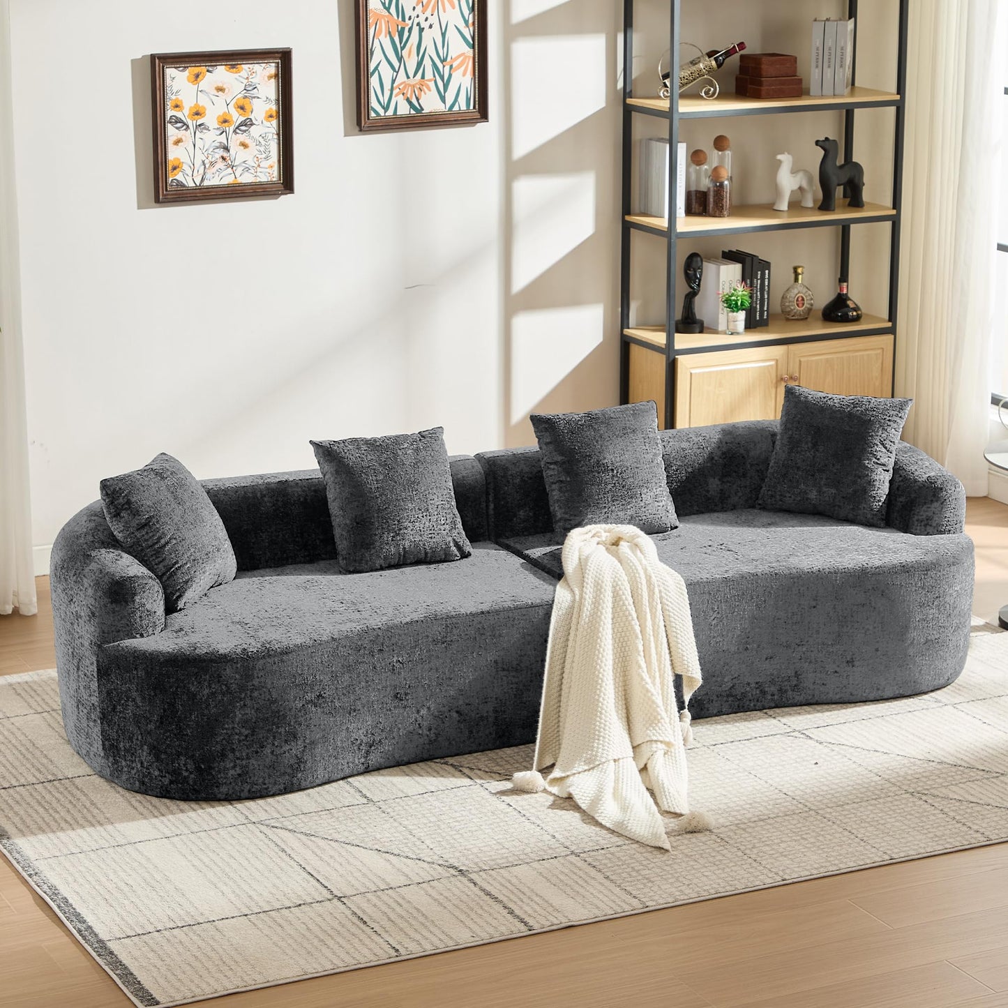 Sectional Sofa, Curved Cloud Sofa Couch, Chenille Full Sponge Chaise for Living Room, Apartment (Grey, 110 Inch)