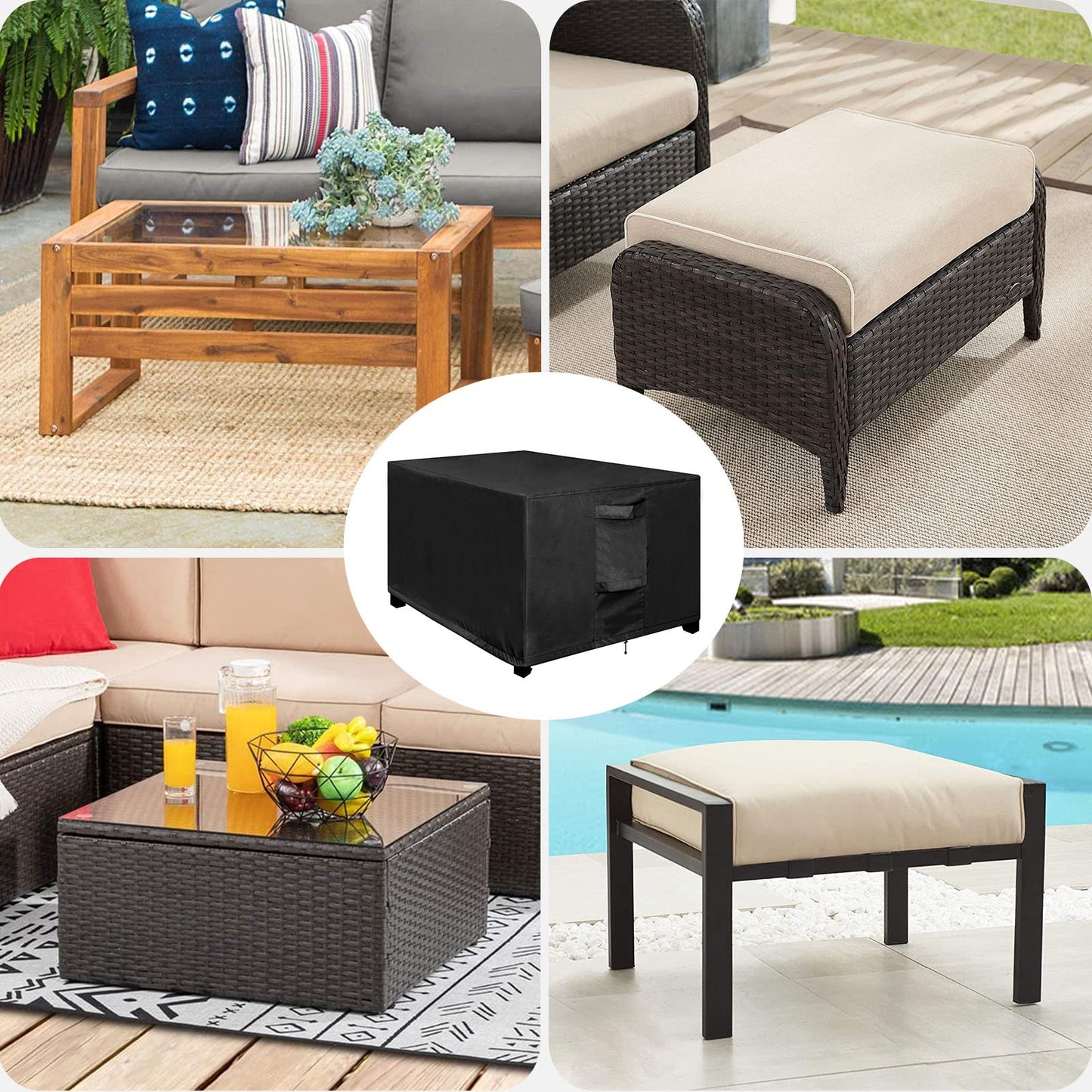 OutdoorLines Outdoor Waterproof Patio Ottoman Covers - Rectangle UV-Proof Patio Side Table Cover Windproof Heavy-Duty Furniture Covering Protector 48L x 25W x 18H Inch, Black