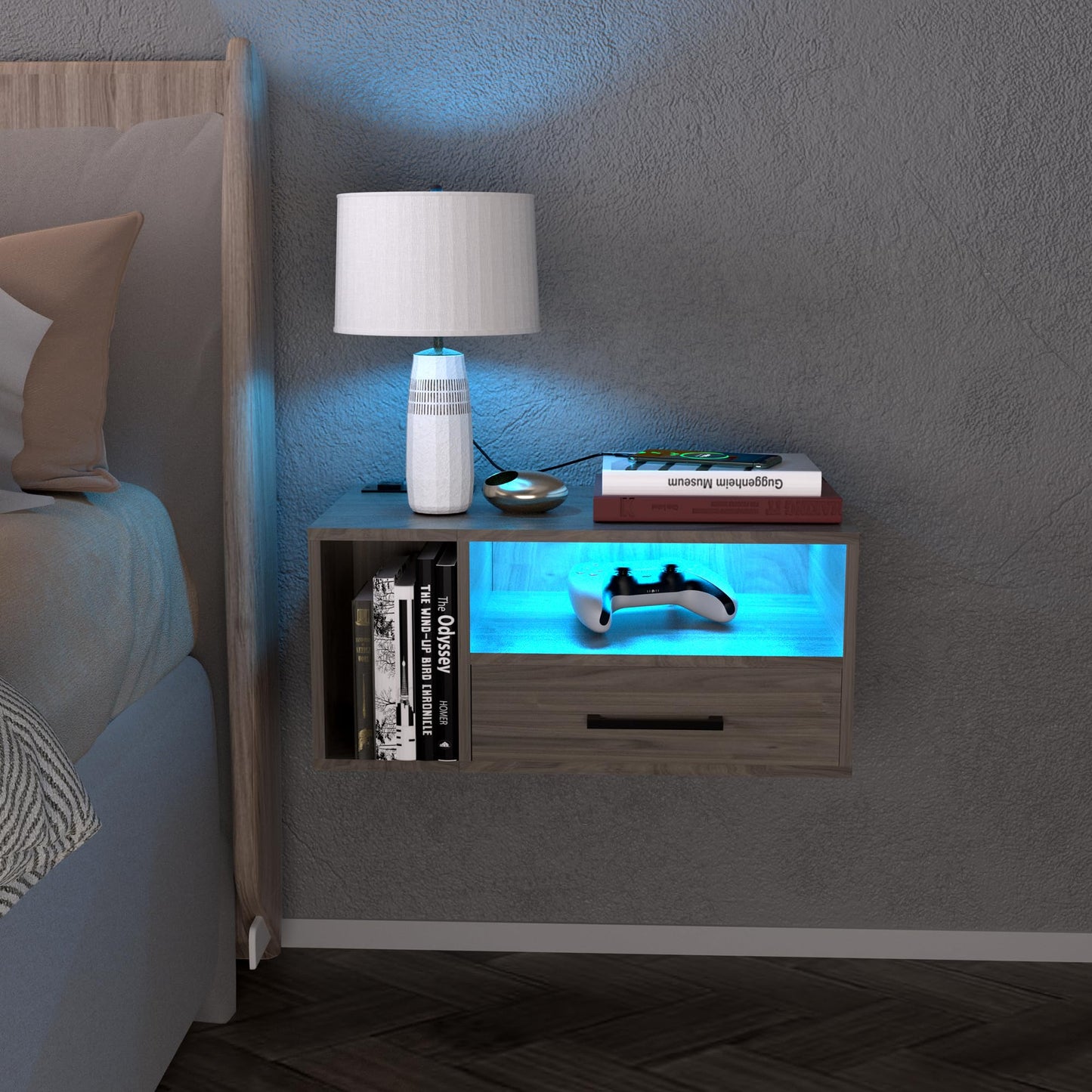 Homaterial Floating Nightstand with Charging Station and LED Lights, Floating Bedside Table with Drawers Wall Mounted Nightstands,for Bedroom Room, 21.3" x 11.8" x 10",Grayish Brown