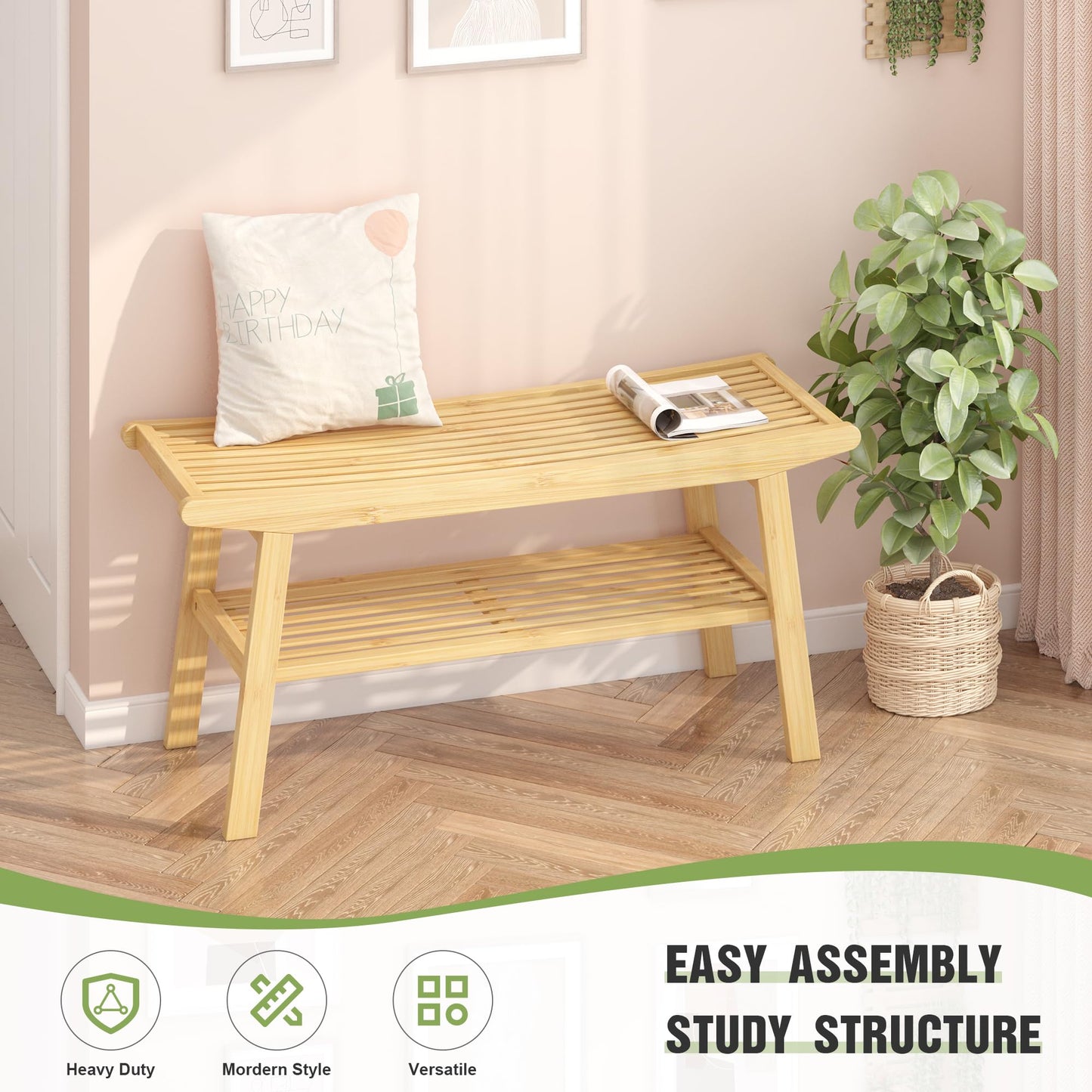 Bamboo Dining Bench Indoor Long Bench Sturdy & Comfortable Indoor Storage Bench Durable Slat Woven Design Modern Entryway Seating for Hallway (Nature, 2 Tiers)