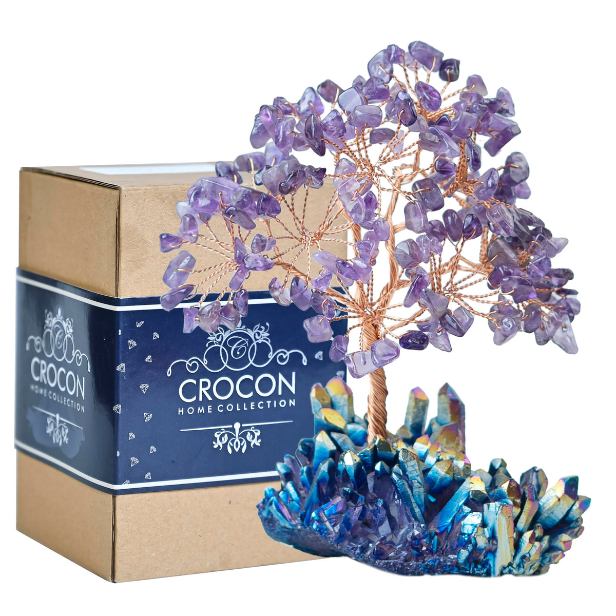 Crocon® Amethyst Crystals Tree with Rainbow Titanium Cluster Base Tree of Life Decor for Shelf, Birthday Gifts for Women, Sister Gifts, Birthday Gifts for Mom, Cute Home Decor, Purple Decor Present