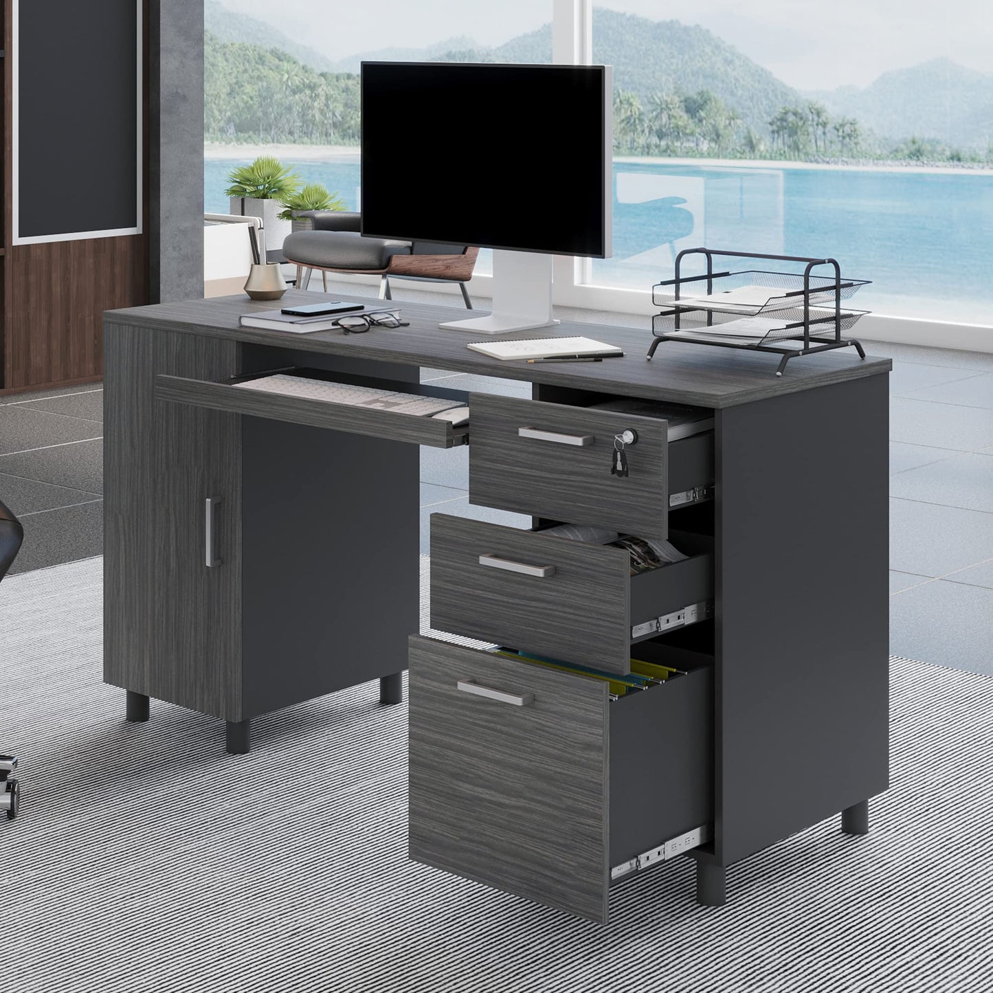 Modern Design Venice Computer Desk with Lockable Drawers, 53 Inch Home Office Desk with Storage Cabinet, Keyboard Tray & Cable Management, Modern Study Writing Desk for Small Spaces, Black and Grey