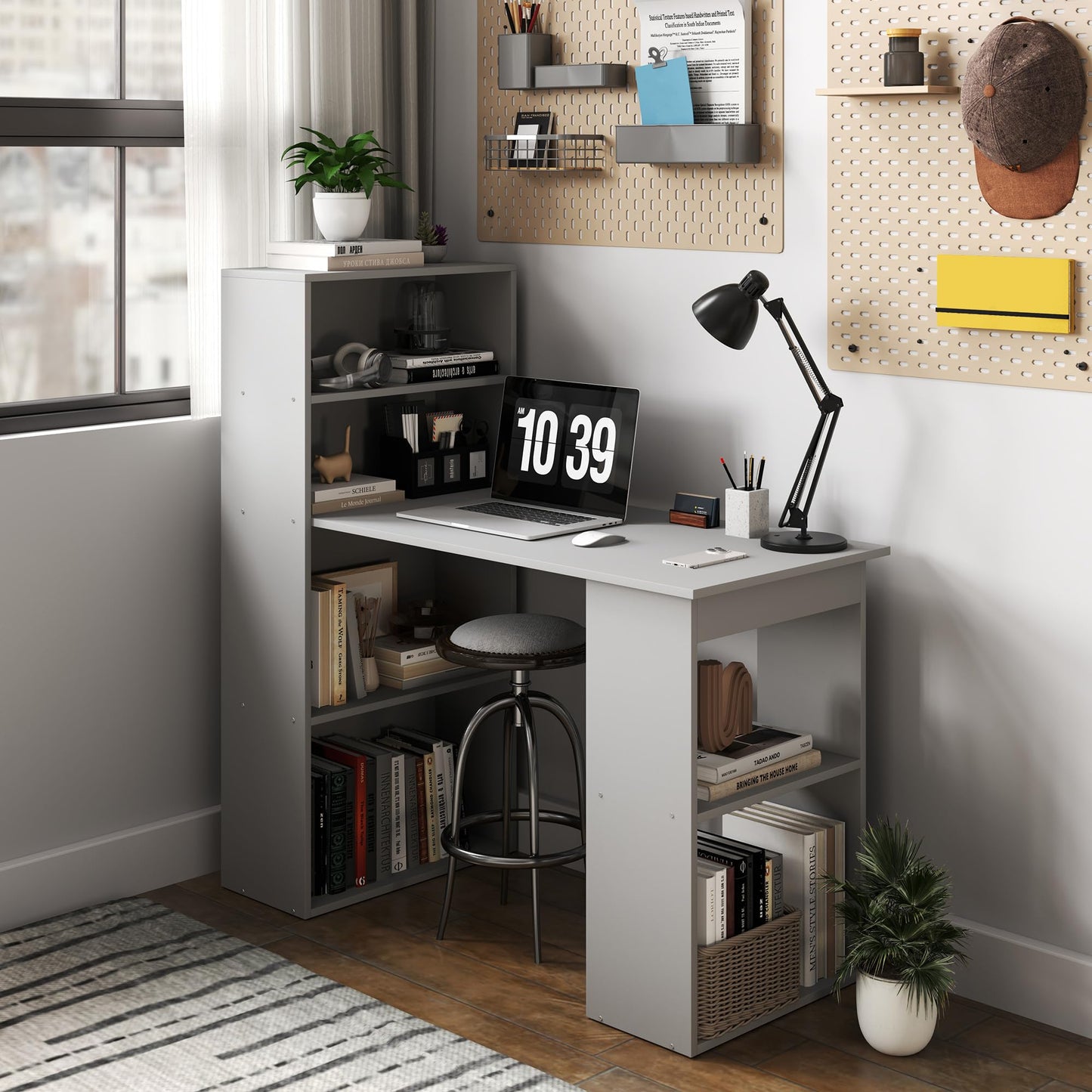 HOMCOM Modern Home Office Desk with 6-Tier Storage Shelves, 47" Writing Desk with Bookshelf, Gray