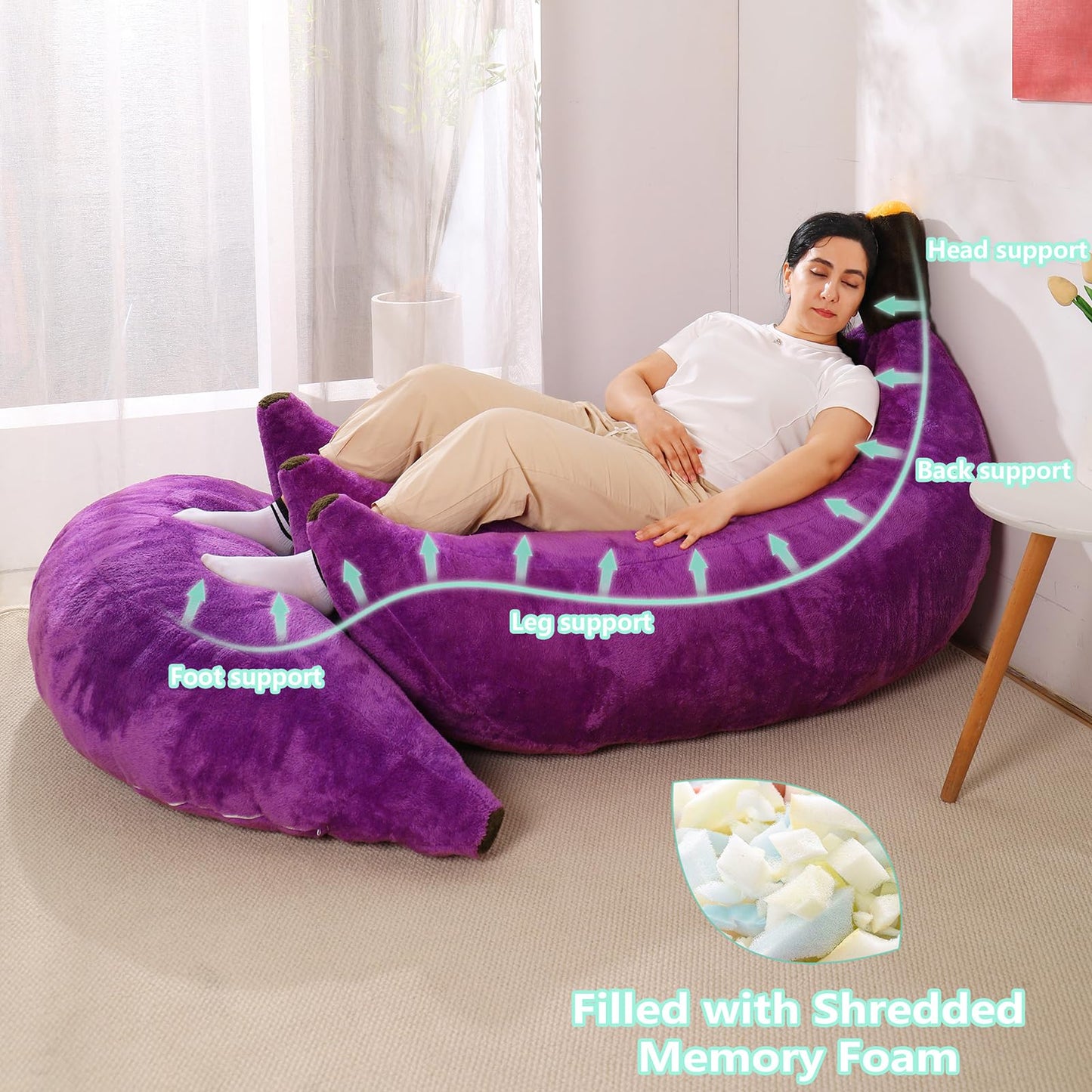 IEVENW Banana Bean Bag Chair with Ottoman, Floor Sofa Bed with Footrest, Comfy Convertible Lounger for Adults, Plush Couch for Bedroom, Living Room or Dorm, L-Violet