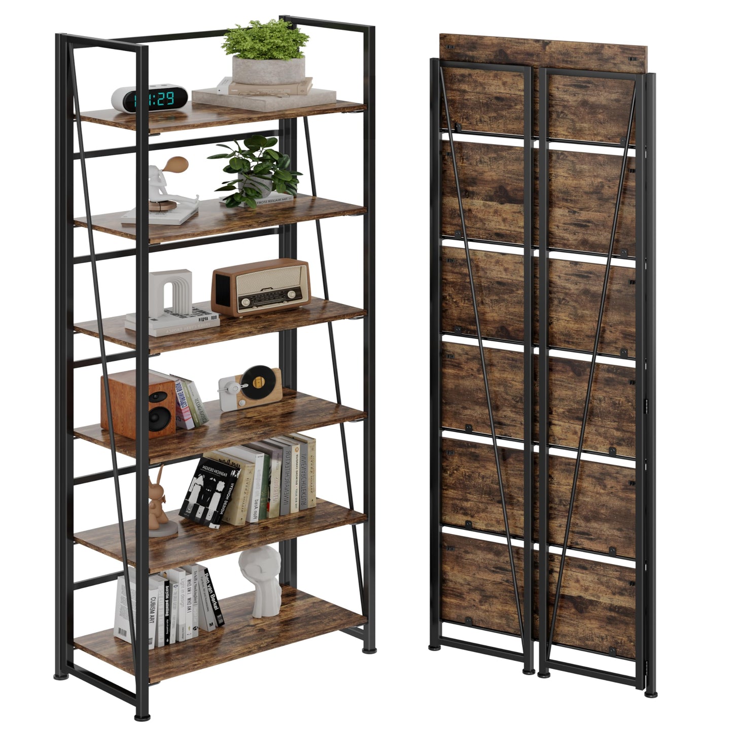BHG Vintage Multifunctional Folding Bookshelf, No-Assembly Plant Stand Storage Rack Shelves for Home Office