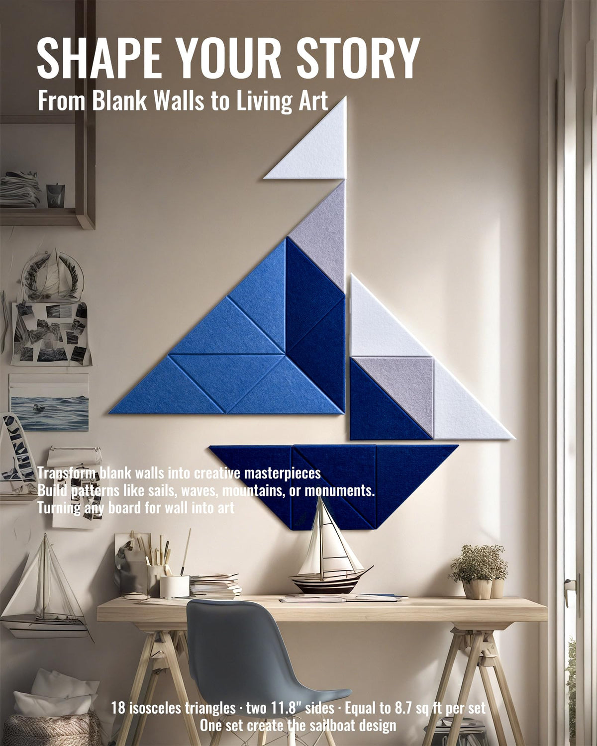 PebblingQ Felt Wall Tiles Bulletin Board, Marine Blue White Panels, Modular Decorative Boards for Home Office, Kids Room, Nursery, DIY Geometric Art Display, 18 Pack 11.8" Triangle Tiles (Marine)