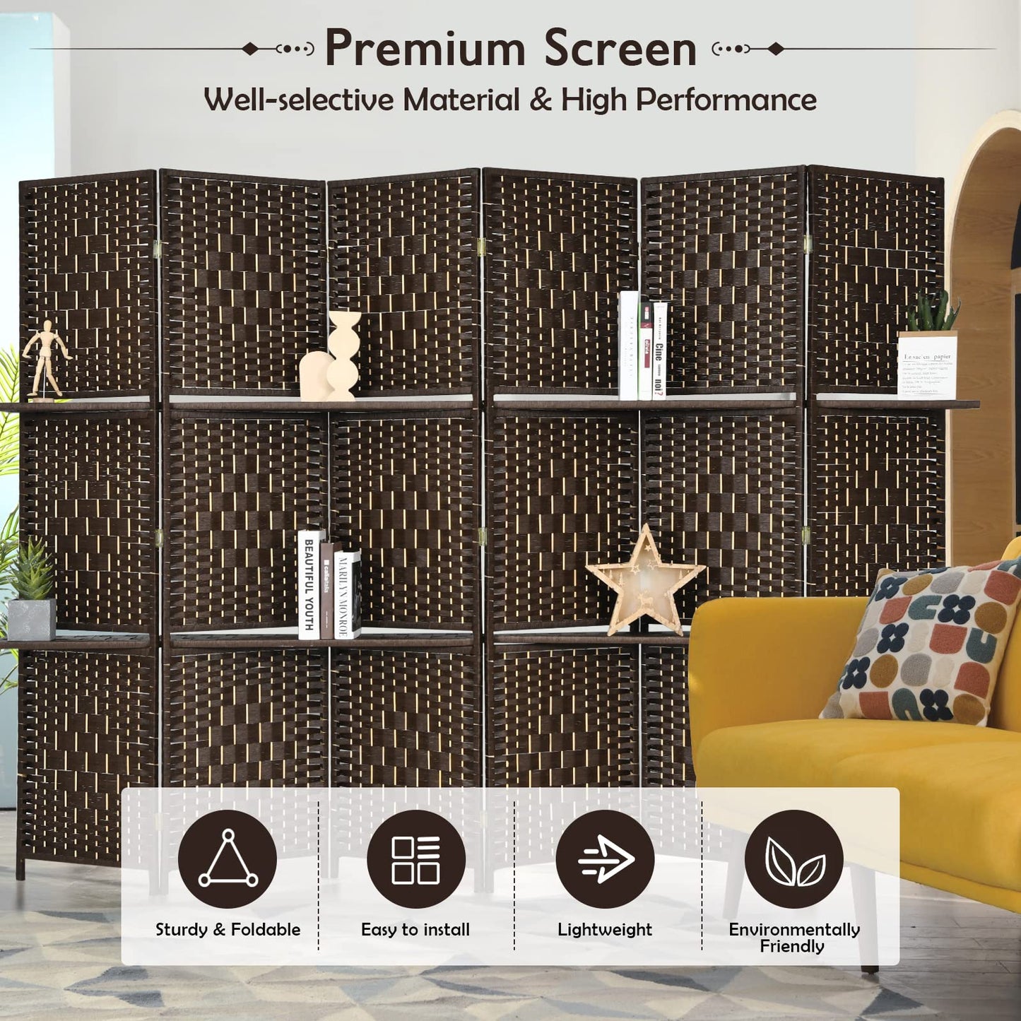 Giantex 6Ft 6 Panel Room Divider with Shelves, Freestanding Hand-Woven Rattan Folding Privacy Screens for Room Separation, Wooden Partition Room Divider Wall for Home Office Studio Separator