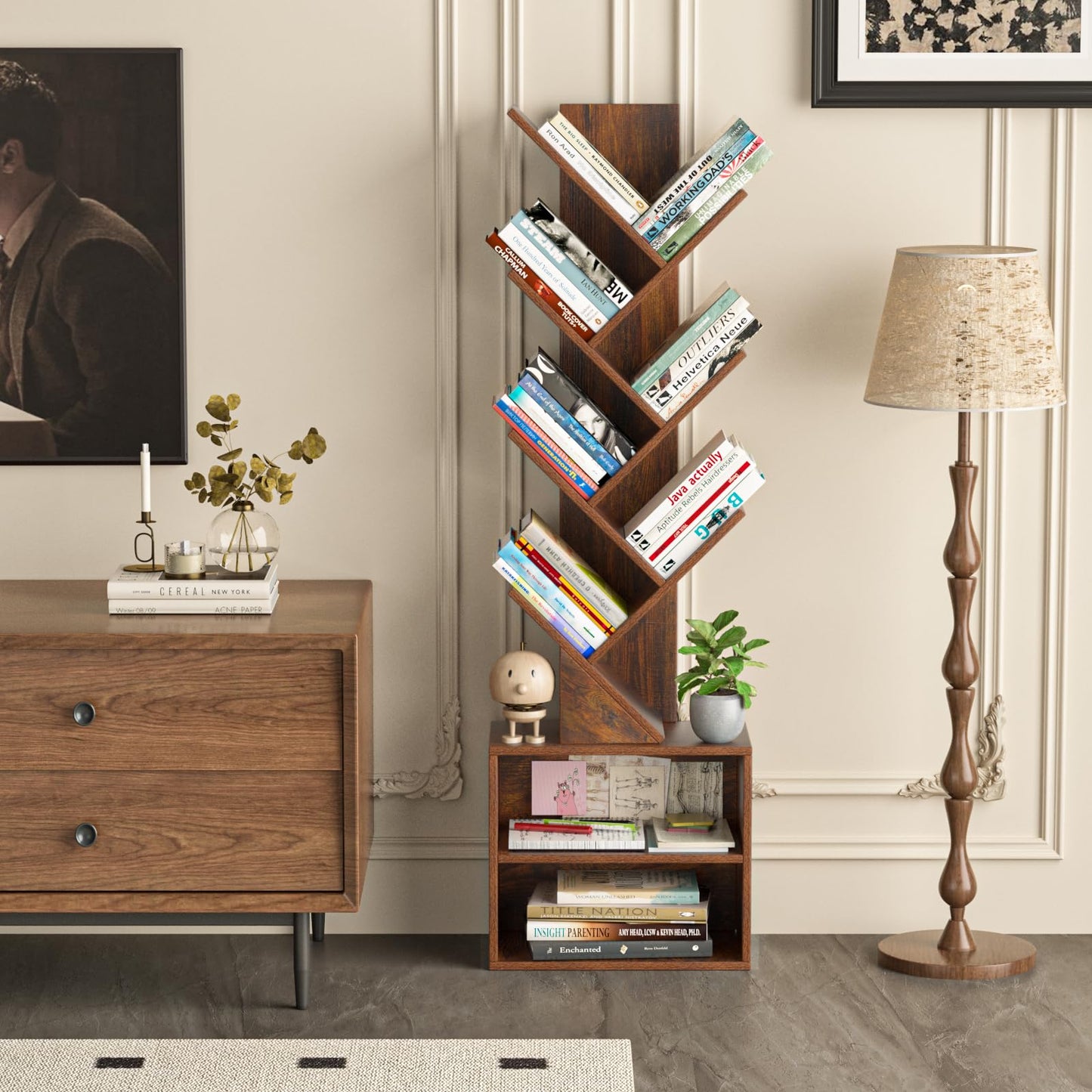 SHEEPAM 10 Tier Tree Bookshelf,Floor Standing Wood Tall Bookcase for Narrow Space, Storage Organizer Bookshelves for Books, Book Case for CDs/Movies/Books,Home Office,Living Room, Bedroom