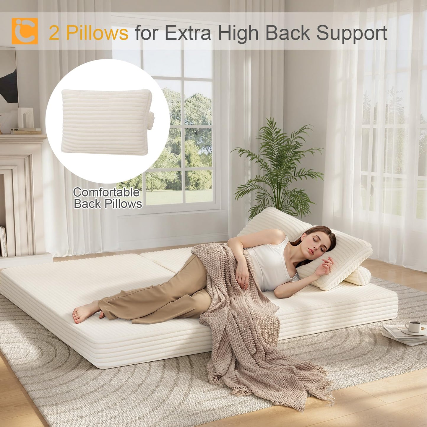 COMAX Convertible Sofa Bed, Folding Floor Couch Corduroy Fold Out Couch Bed Futon Sleeper Mattress with Pillows, Boneless Sofa Comfy Lounge Loveseat for Living Room Bedroom, Plush Beige