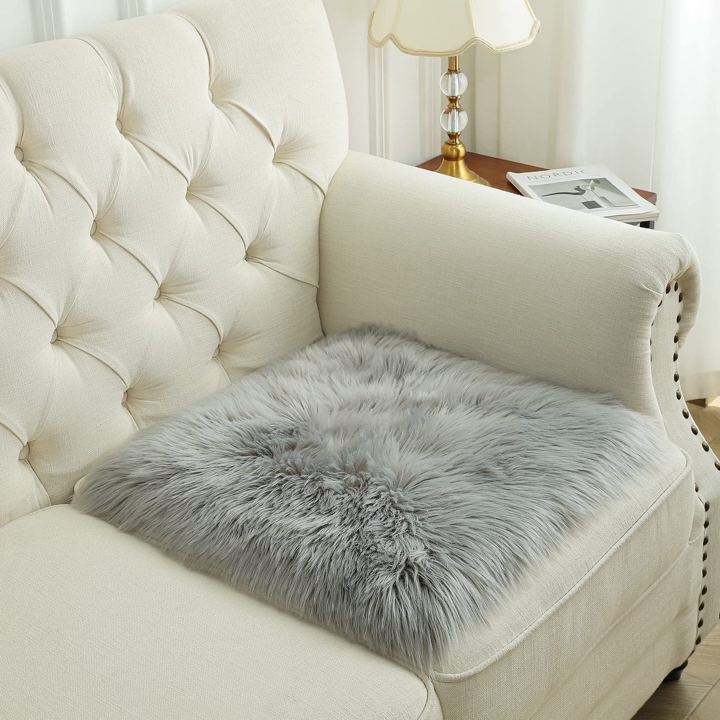 Softlife Grey Faux Fur Sheepskin Chair Cover Seat Cushion Pad Super Soft Area Rugs for Living Bedroom Sofa Dorm (1.6ft x 1.6ft)