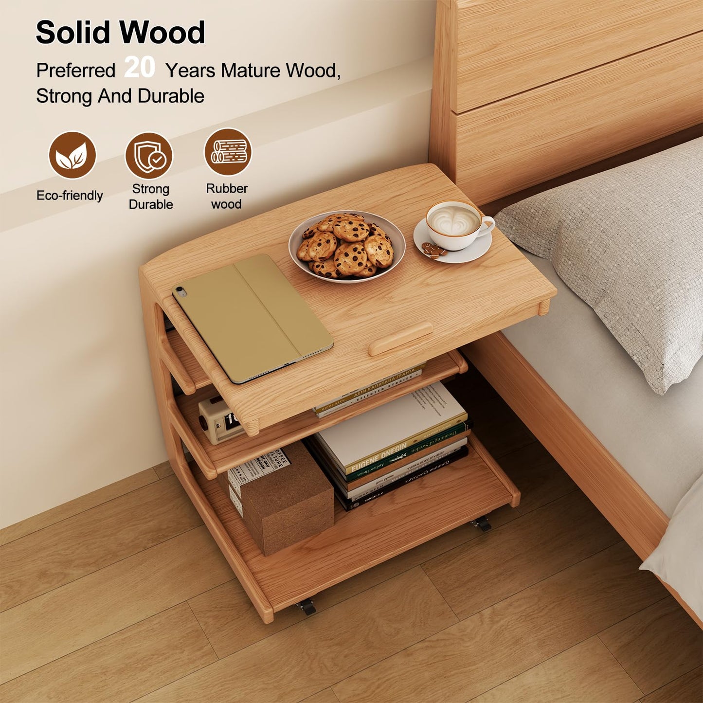 AQIMUELE Rolling Side Table, C Shaped End Table, C Table with 4 Wheels Solid Wood Small Rolling Desk with Adjustable Desktop,C Shaped End Table for Couch,Home Office(15.6" D x 23.6" W x 24.3" H)